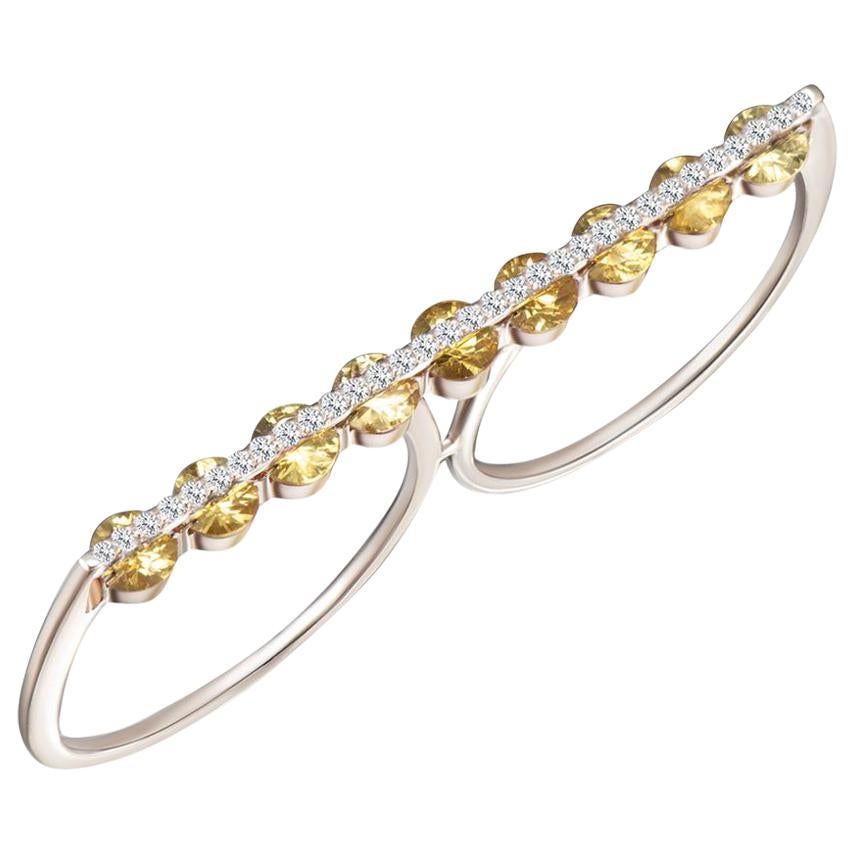Dual Two Finger Modern Ring, White Diamonds and Yellow Sapphires For Sale