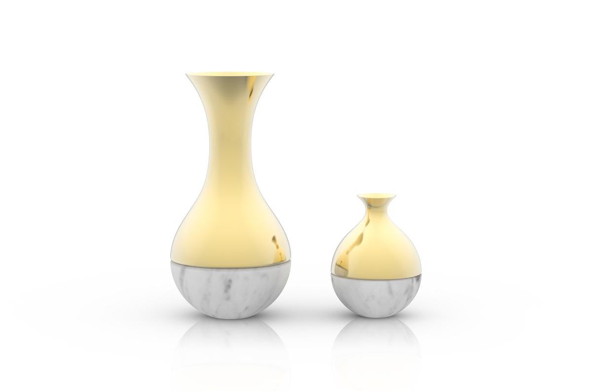 Contemporary Dual Vase in Marble and Polished Gold Metal by ANNA New York