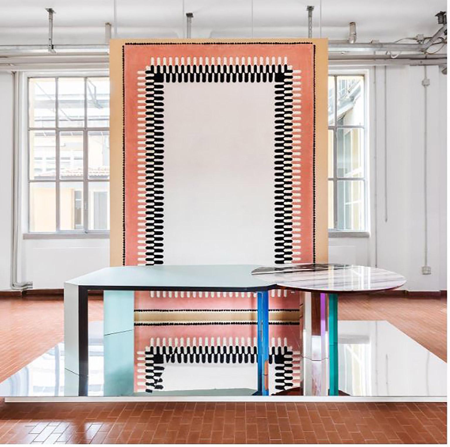 Duale Contemporary Table, Lasa White Marble, Red Glossy Mahogany, Steel In New Condition For Sale In Brooklyn, NY