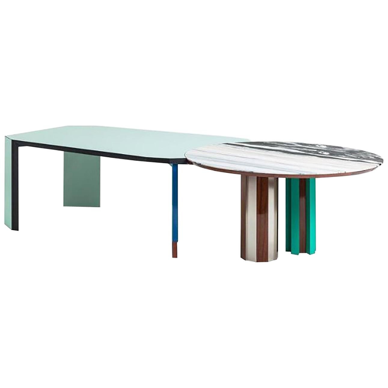 Duale Contemporary Table, Lasa White Marble, Red Glossy Mahogany, Steel For Sale