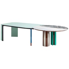 Duale Contemporary Table, Lasa White Marble, Red Glossy Mahogany, Steel