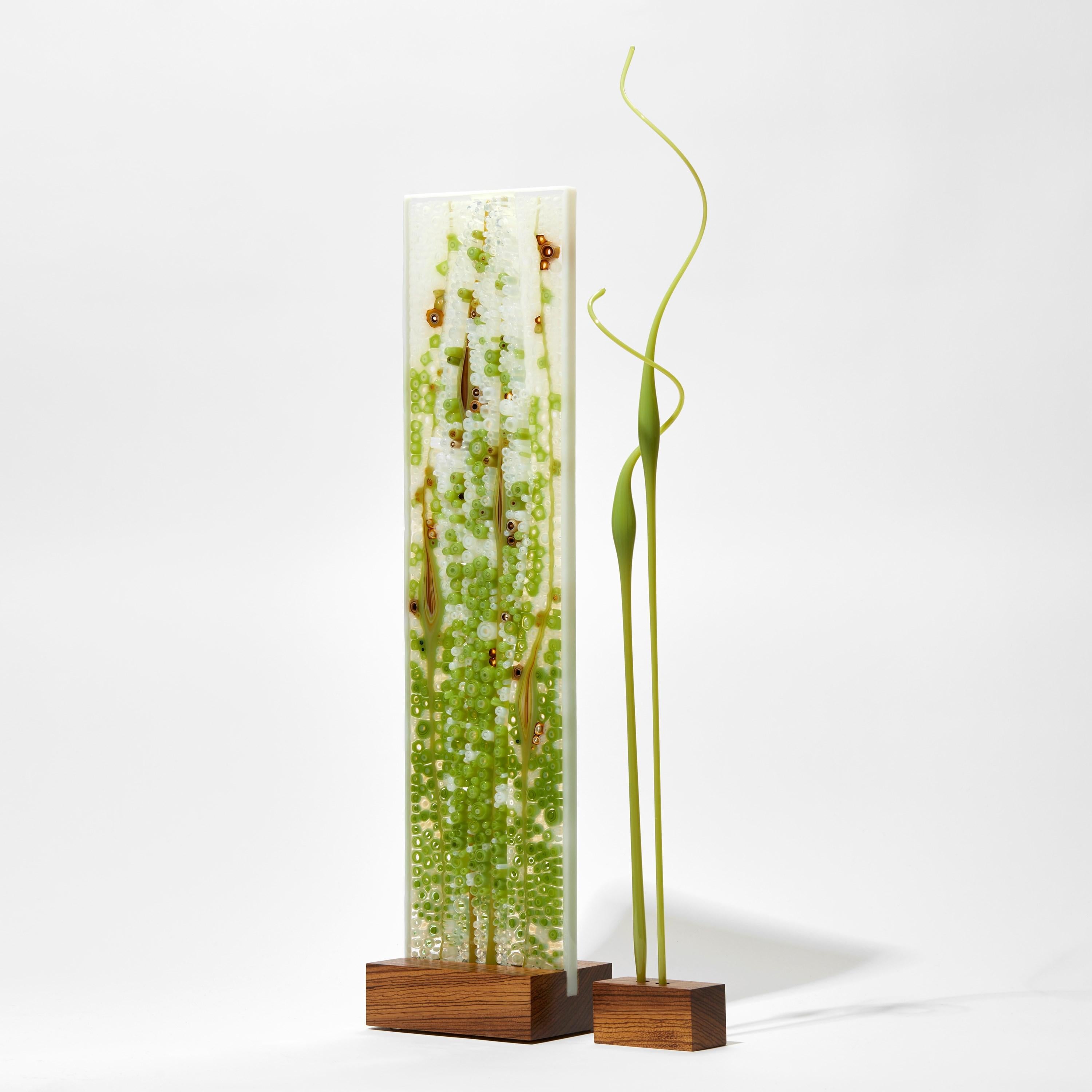 Organic Modern Duality in Opal Green, a Flat Green & Amber Glass Sculpture by Sandra A. Fuchs For Sale