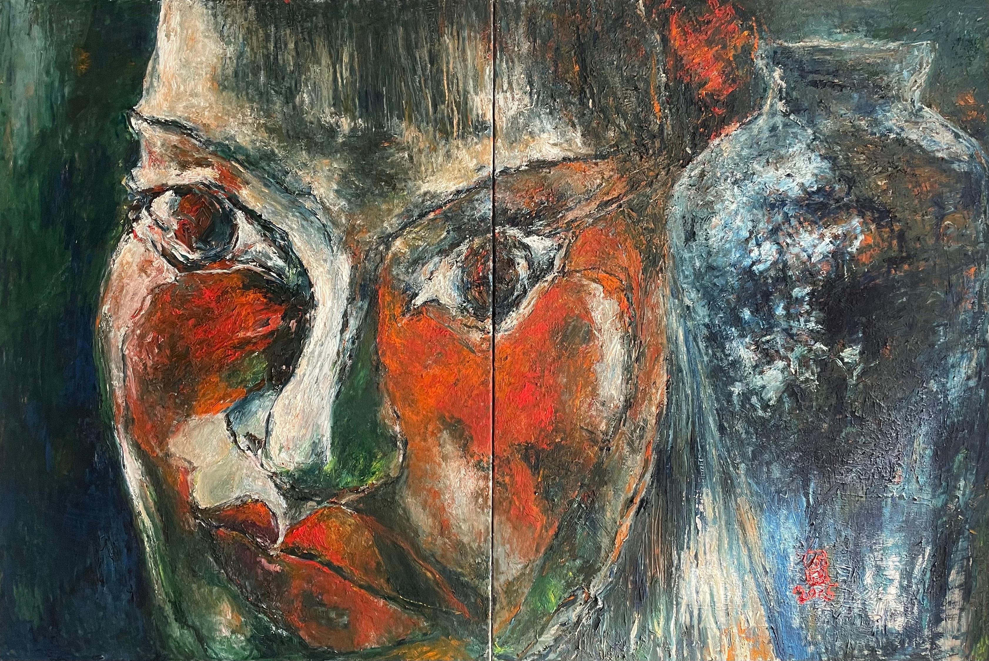 ‘Cleansing Actress Series No. 5’ Diptych Portrait Oil On Canvas By Duan - Expressionist Painting by Duan Zhaonan