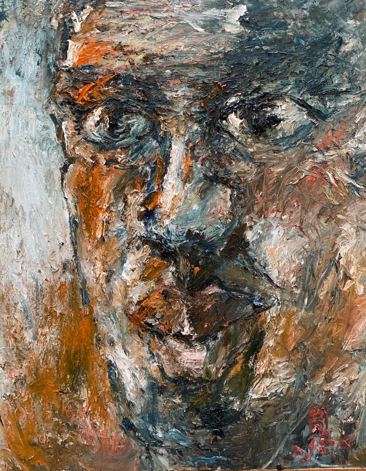 Duan Zhaonan Figurative Painting - ‘Father Series No. 8' Portrait Oil Painting Contemporary Textured Art by Duan