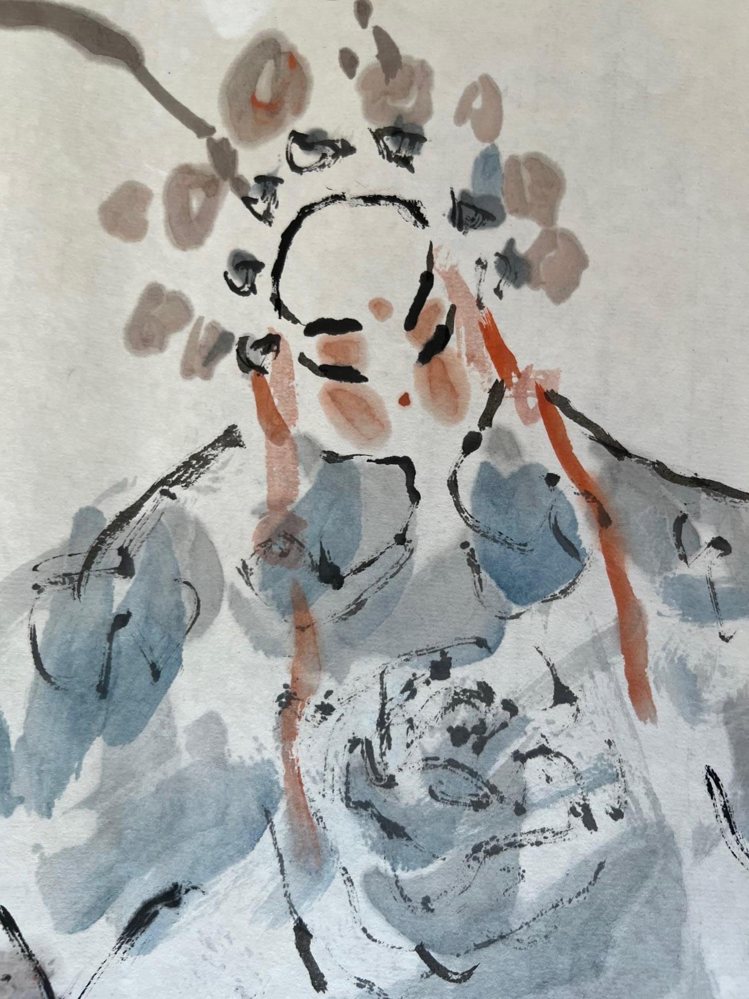 La fiesta  Arte chino original Pintura figurativa  Óleo sobre papel de Duan - Figurative Painting Gris de Duan Zhaonan