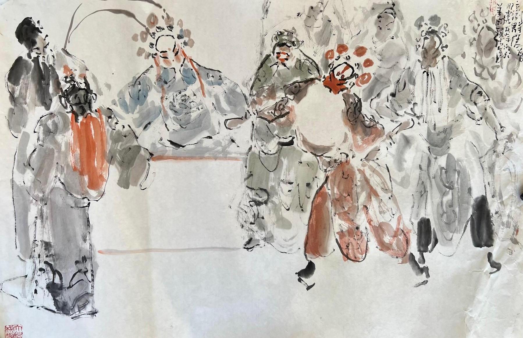 Die Party  Originales figuratives chinesisches Kunstgemälde  Ölgemälde auf Papier von Duan