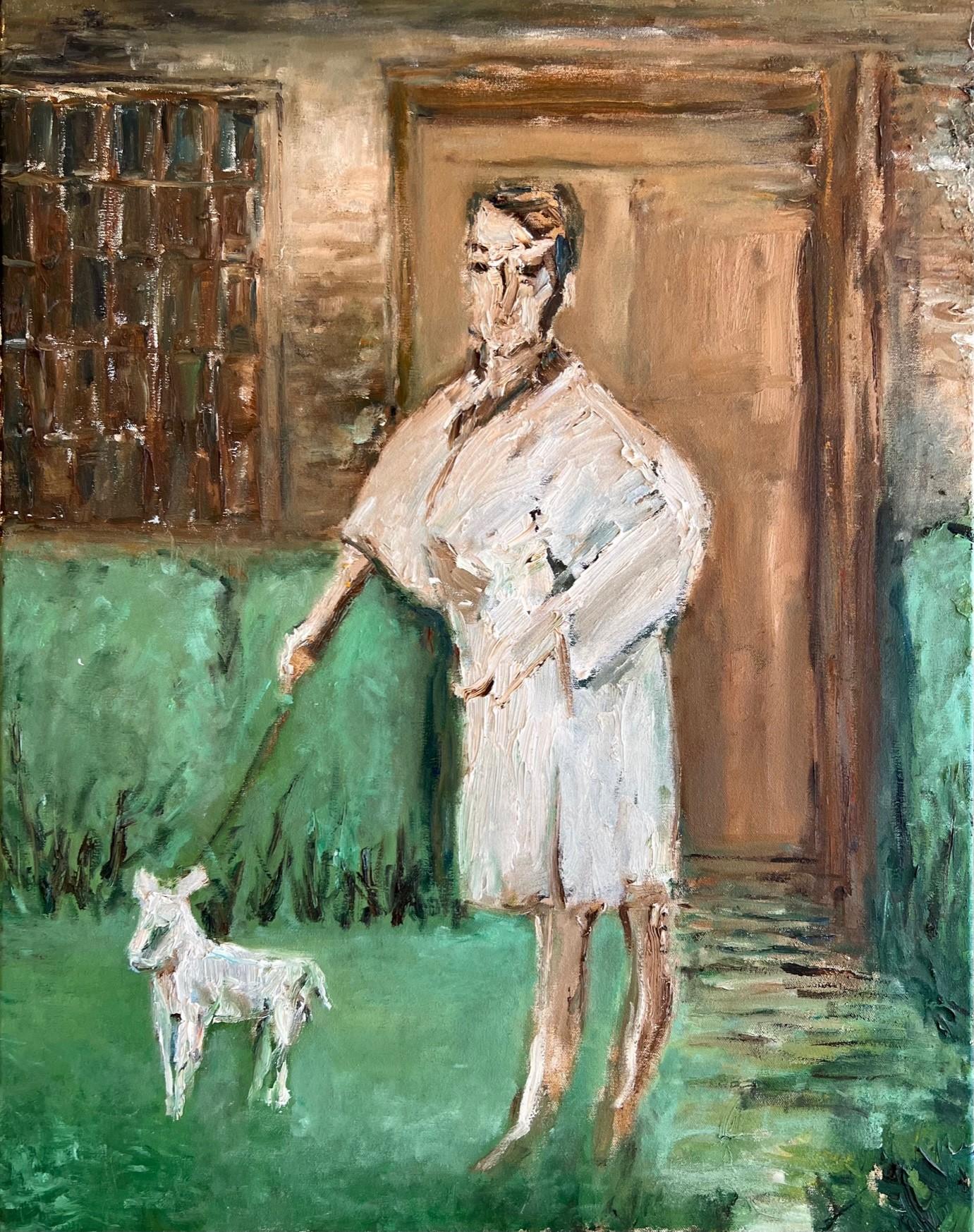 Duan Zhaonan Figurative Painting - 'Man With White Dog'  Original Contemporary Figurative Art  O/c by Duan