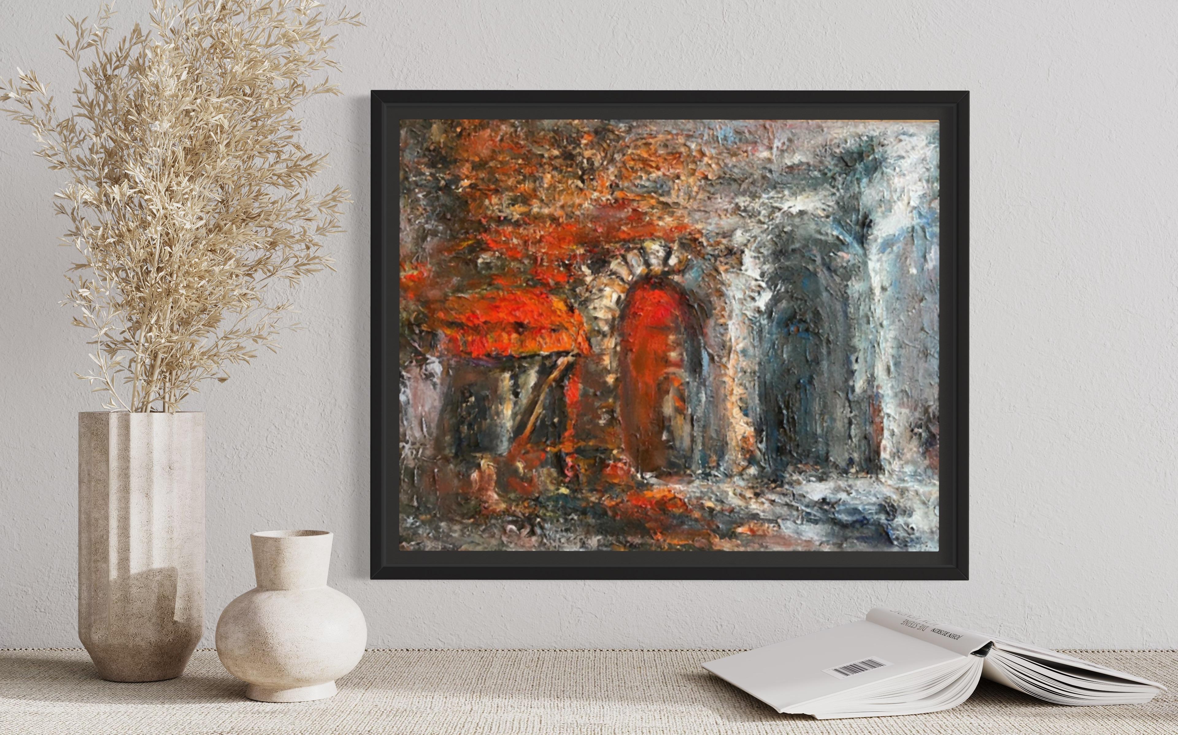 'Red Door Gray House' Original Contemporary Painting Urban Landscape Art by Duan For Sale 4