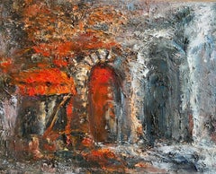 Porta rossa e casa grigia" Pittura contemporanea originale Arte del paesaggio urbano di Duan