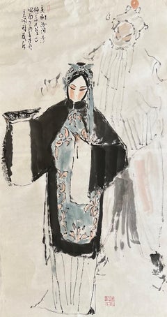 Sans titre  Peinture d'art chinoise originale - Jeunes femmes avec une robe noire 