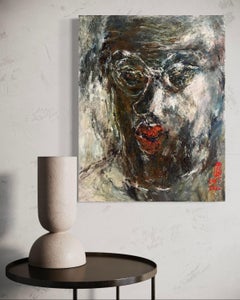 „Porträt eines jungen Mannes“   Zeitgenössisches Ölgemälde, männliches Schwarz-Weiß-Rot