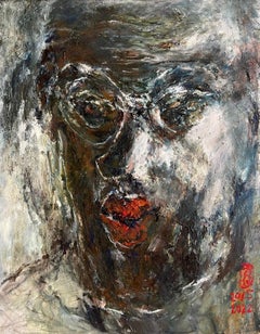 "Untitled" - Original Textured Portrait Oil Painting - Darker Tones with Red