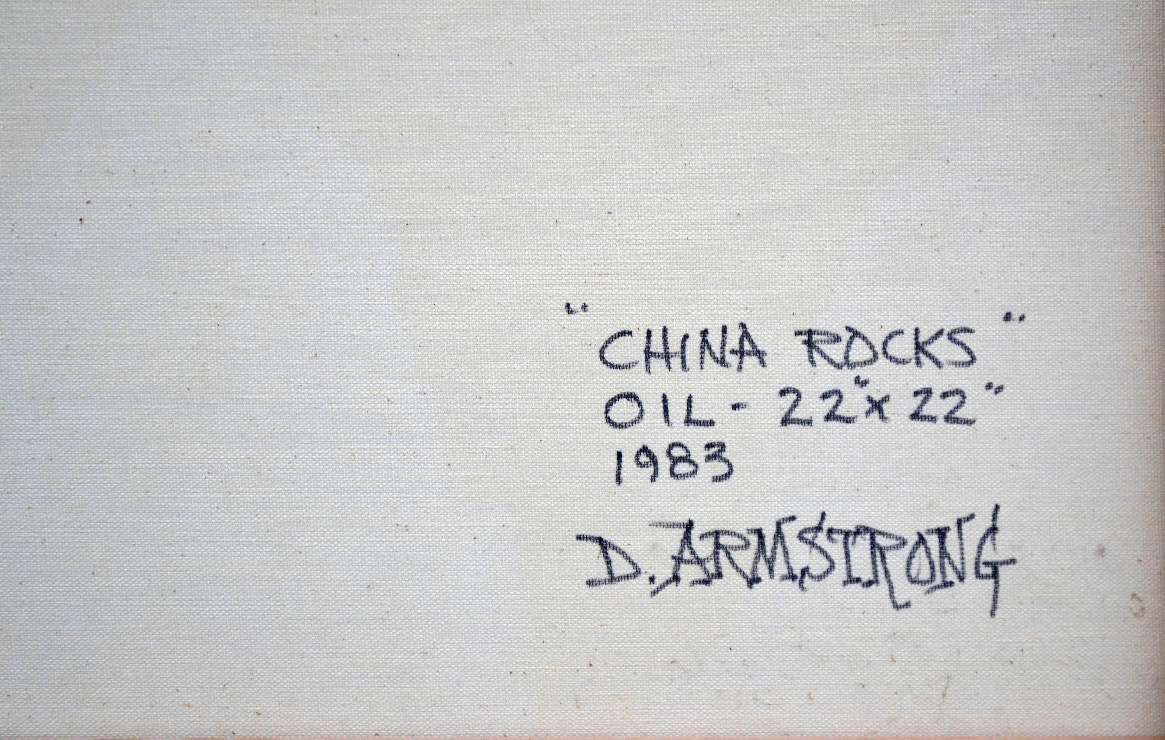 Scène de paysage sereine de style atmosphérique représentant des pics en Chine avec un doux lever de soleil en arrière-plan par Duane Albert Armstrong (né en 1938), 1983. Signé et daté en bas à droite et au verso. Présenté dans un cadre rustique et