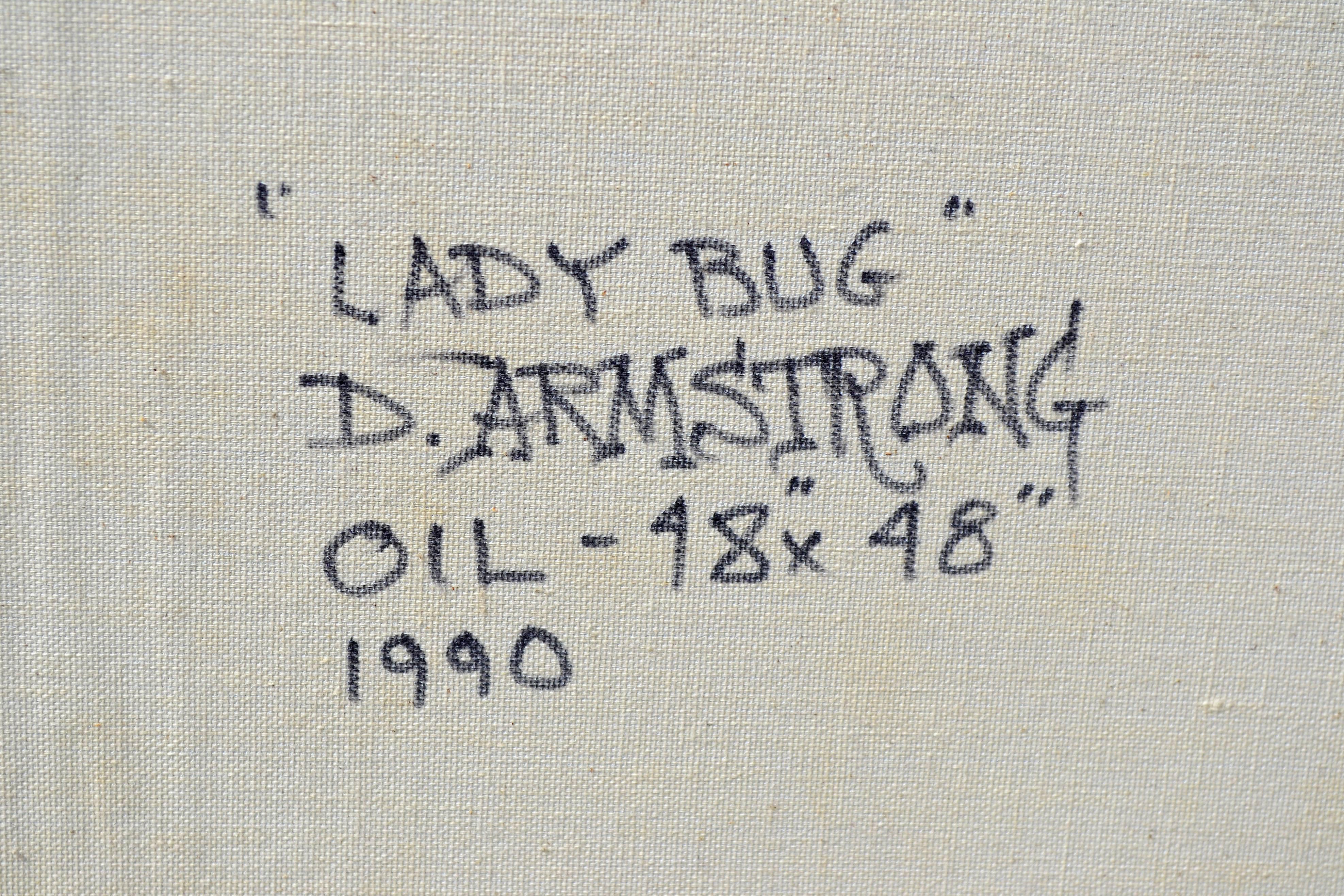Fabulous abstract expressionist painting in black, grays and white with a tiny red lady bug punctuating the linear field by Duane Albert Armstrong (b. 1998). Done in a high gloss paint. Signed and dated lower right and on verso. Simple black frame.