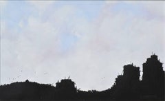 "Pueblo V" Silhouetted Landscape in Oil on Linen, Signed, 1998, 30x19