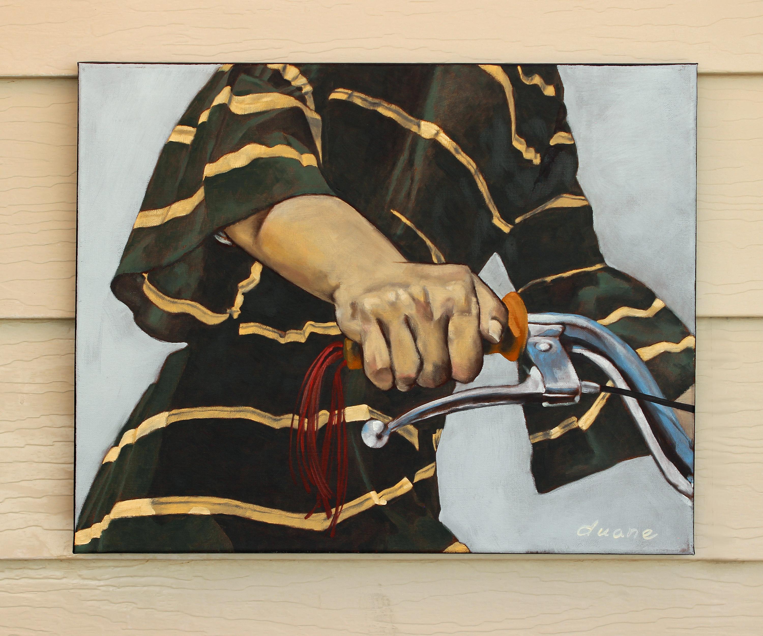 <p>Artist Comments<br>A biker firmly grips the handlebars. Cropped just above the wrist, the composition draws attention to the dynamic interplay of form and pattern. The garment, with its deep green and gold stripes, introduces rhythm and visual
