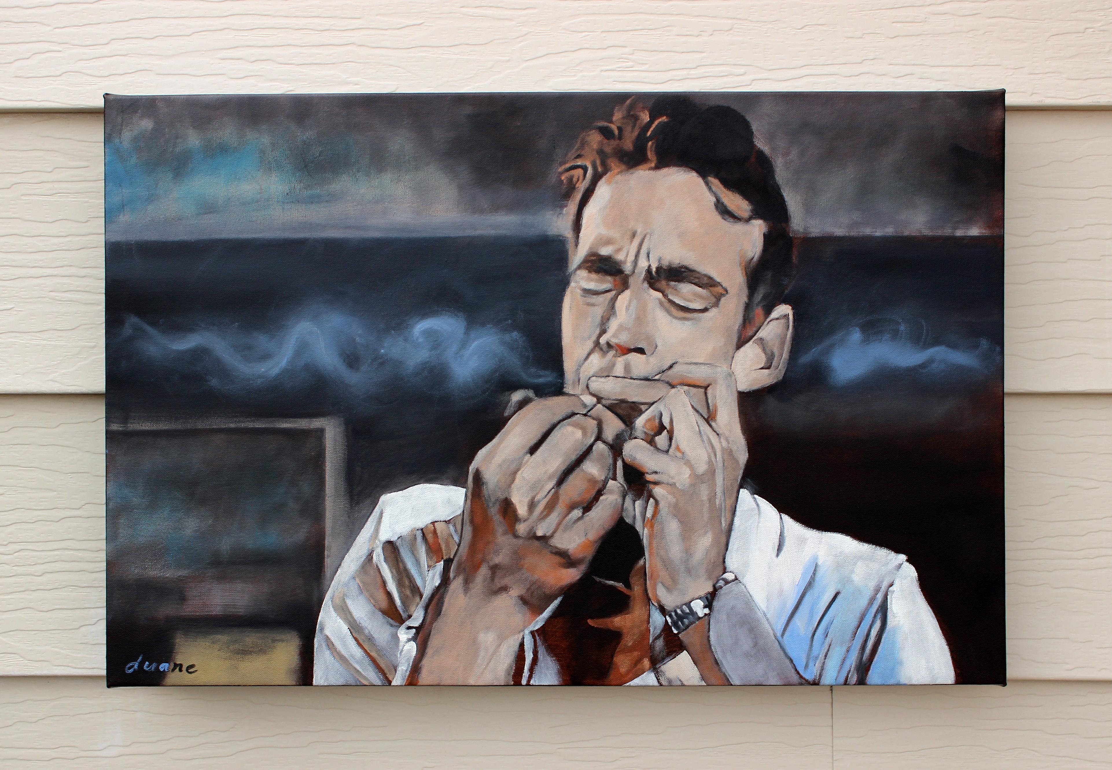 <p>Artist Comments<br>A man lights his cigarette and enters a moment of pause, stress relief, and contemplation. The contrast of light and shadow on his face highlights his concentration and perhaps inner conflict. Subtle nuances of his expression