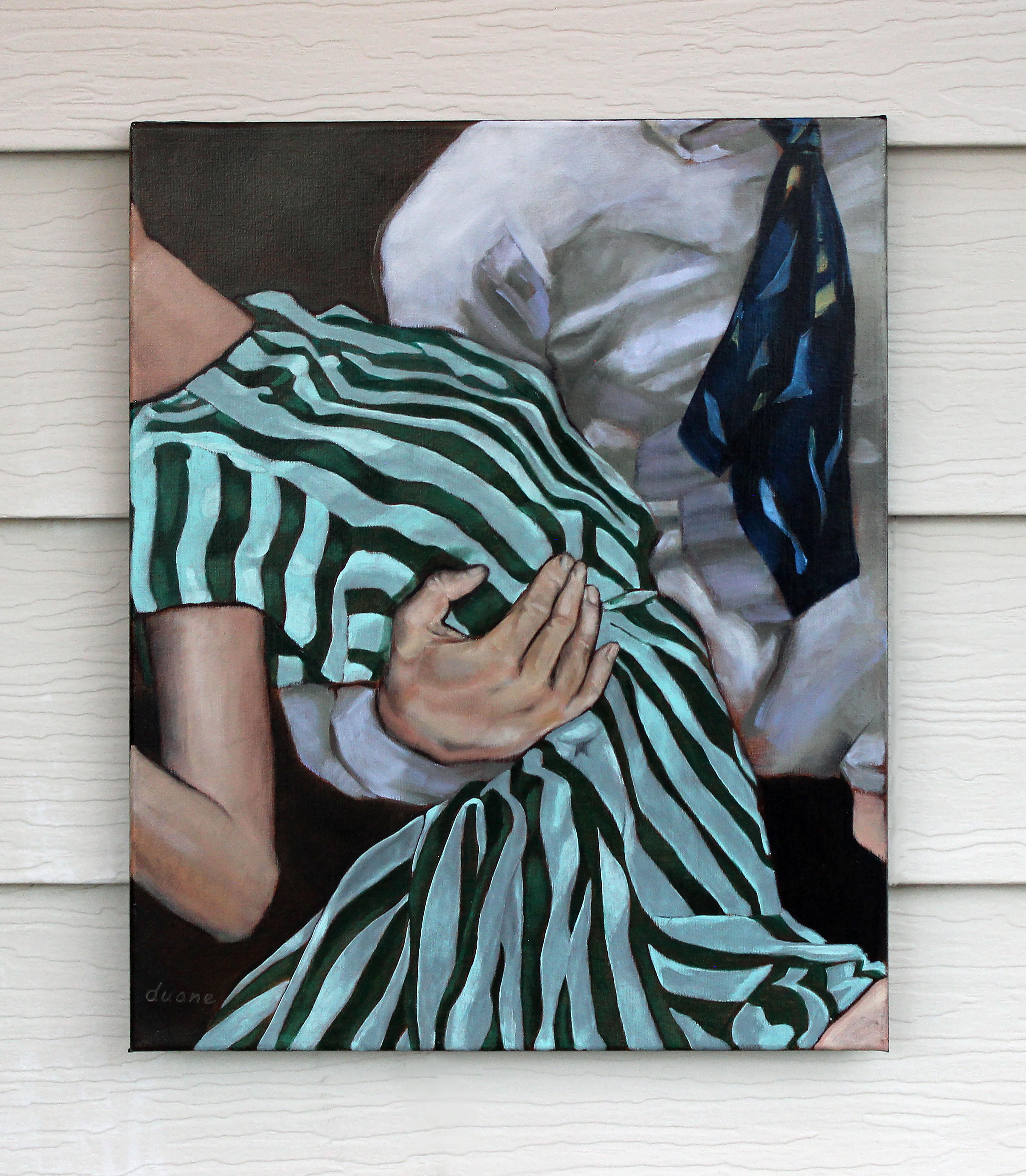 <p>Artist Comments<br>Flowing stripes on the dancer's dress create a bold visual rhythm. The composition crops both figures intentionally, shifting focus to the textures, patterns, and the interaction of bodies rather than the individuals