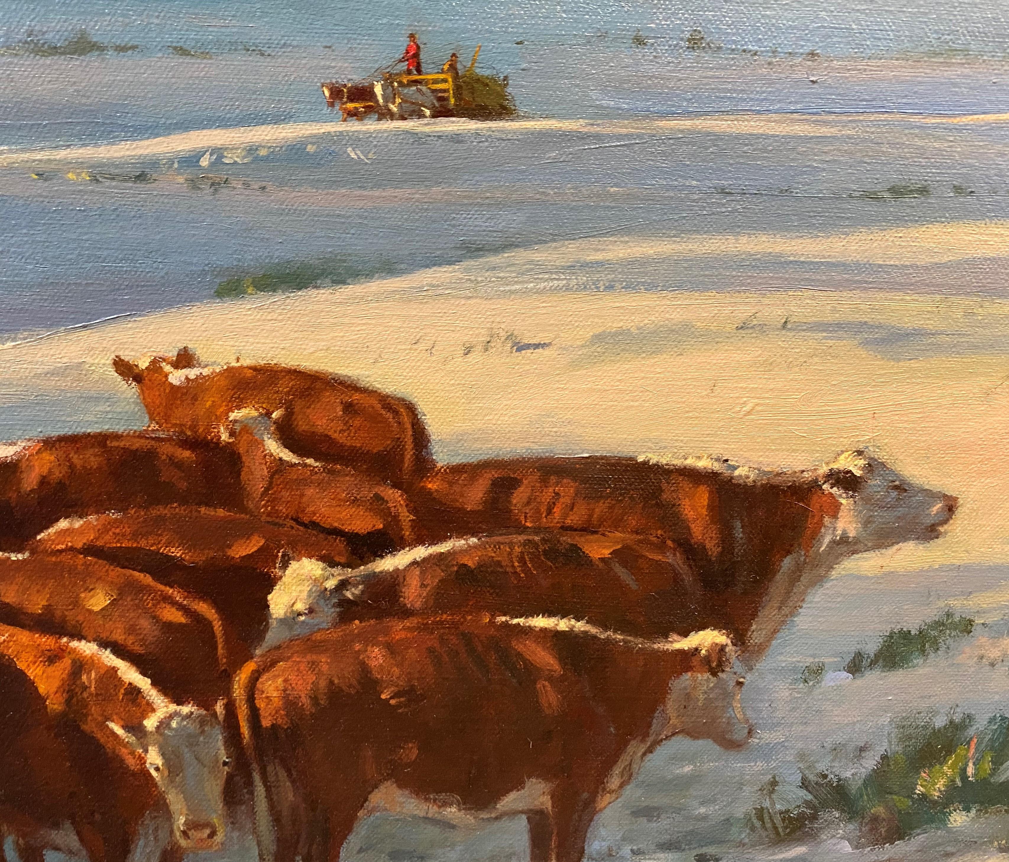 Un dipinto a olio di ottima qualità raffigurante un piccolo gruppo di bovini rannicchiati contro il freddo con un carro in viaggio sullo sfondo, opera dell'artista americano Duane Bryers (1911-2012). Bryers è cresciuto in Virginia e in Minnesota e,
