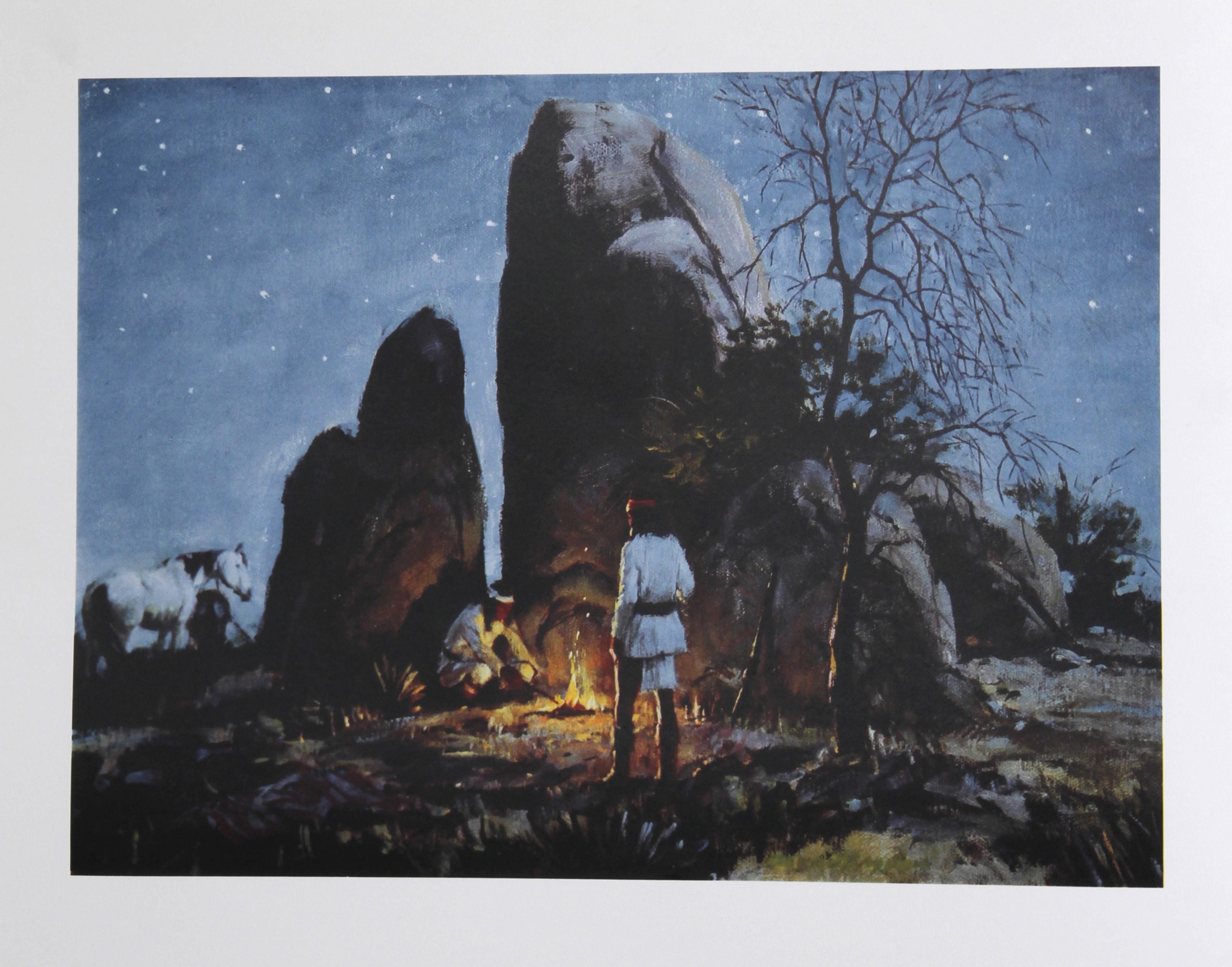 Duane Bryers, estadounidense (1911 - 2012) - Apache Fire Light, Año:  1979, Medio:  Litografía, firmada y numerada a lápiz, Edición:  300, AP, Tamaño de la imagen:  17 x 22,5 pulg., Tamaño:  54,61 cm x 71,12 cm, Descripción:  En esta escena