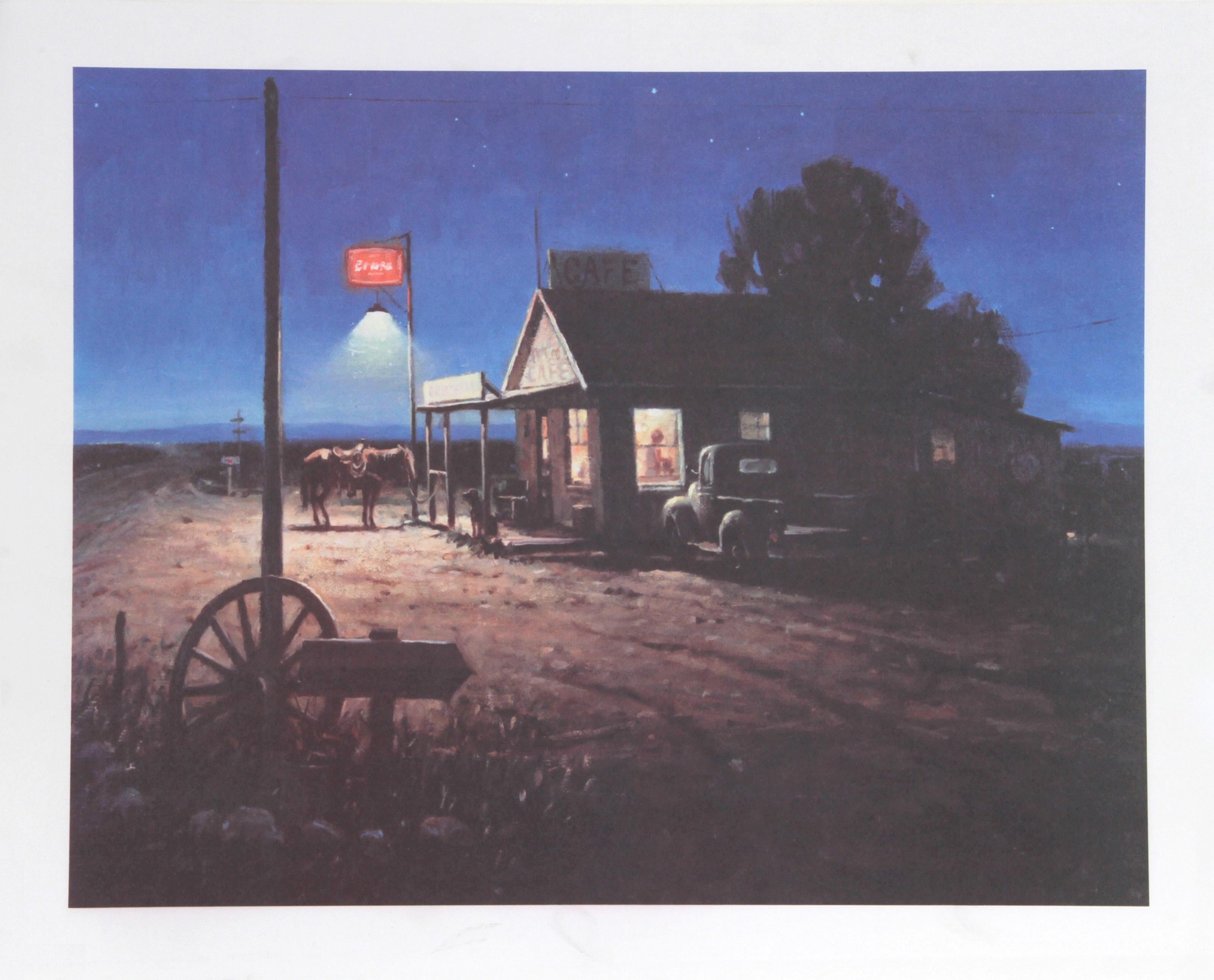 Duane Bryers, estadounidense (1911 - 2012) - Four Corners Cafe, Año:  1979, Medio:  Litografía, firmada y numerada a lápiz, Edición:  300, AP, Tamaño de la imagen:  18 x 22,5 pulg., Tamaño:  52,07 cm x 64,77 cm, Descripción:  Acompañado por un perro