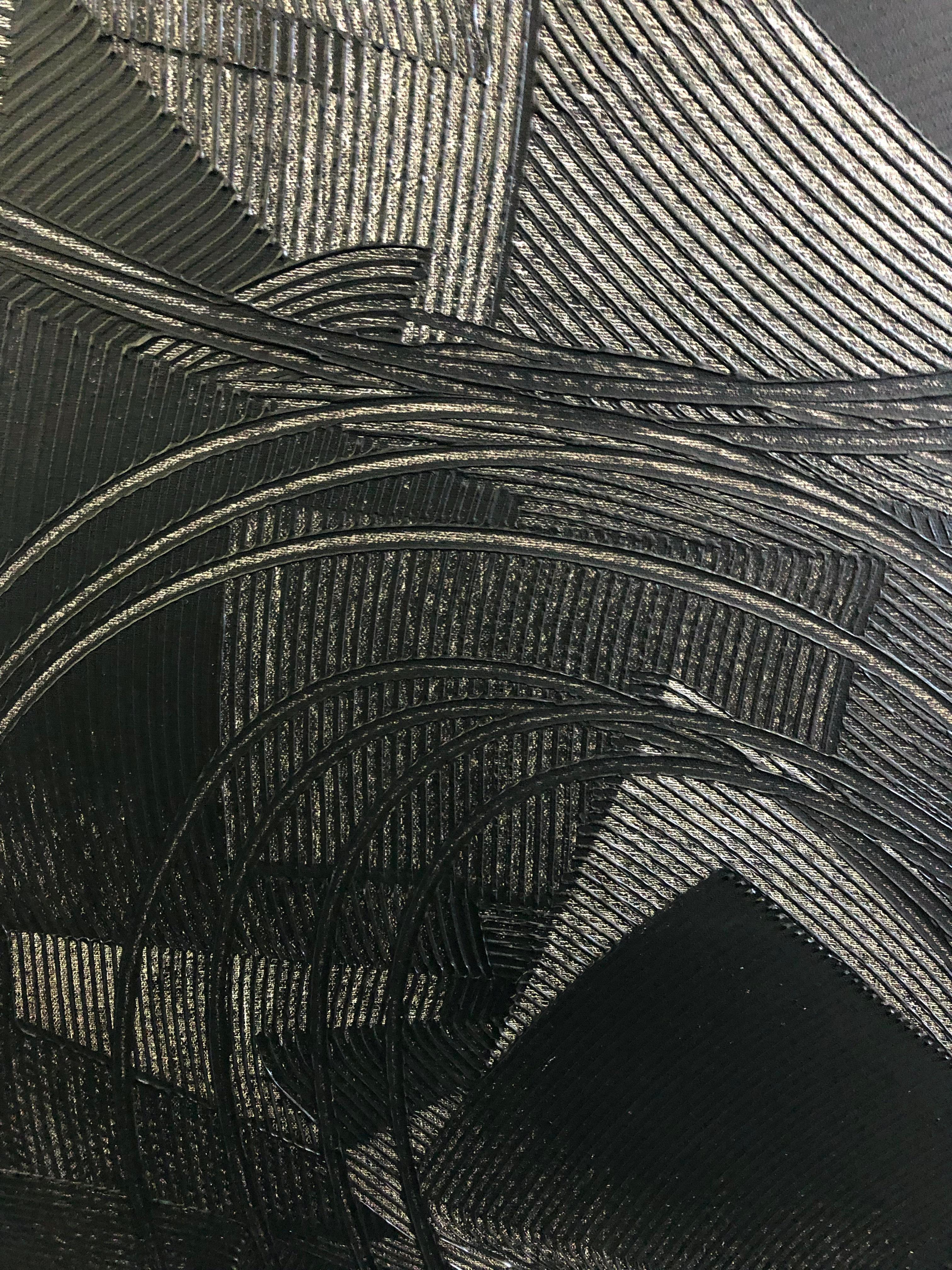 Geometric Painting Abstract Mid Century Oil Hard Edge Large Black on Black  2