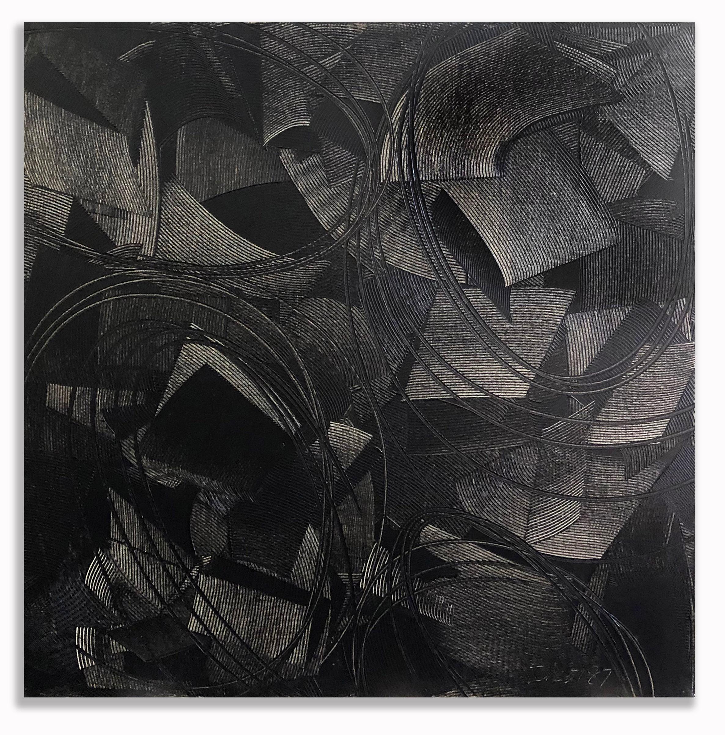 Duanye Hatchett Abstract Painting - Geometric Painting Abstract Mid Century Oil Hard Edge Large Black on Black 