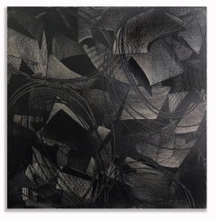 Geometric Painting Abstract Mid Century Oil Hard Edge Large Black on Black