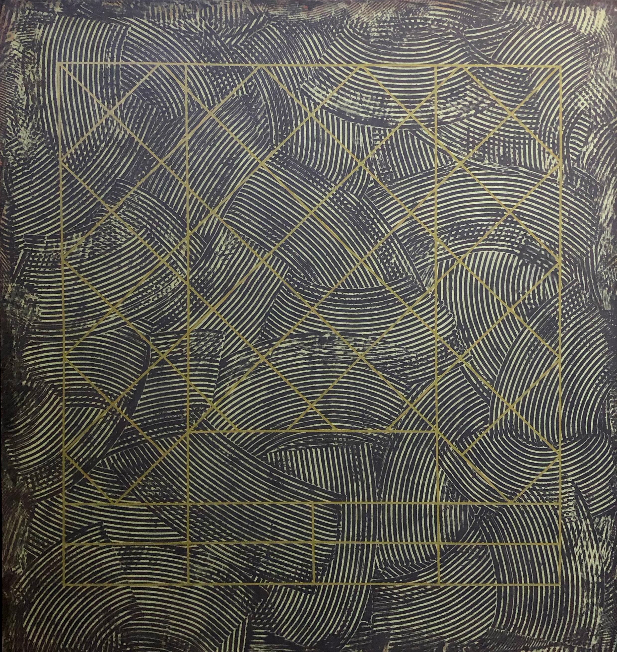 Duanye Hatchett Abstract Painting - Large 20th Century Geometric Painting Abstract Oil Texture Black Grey Green