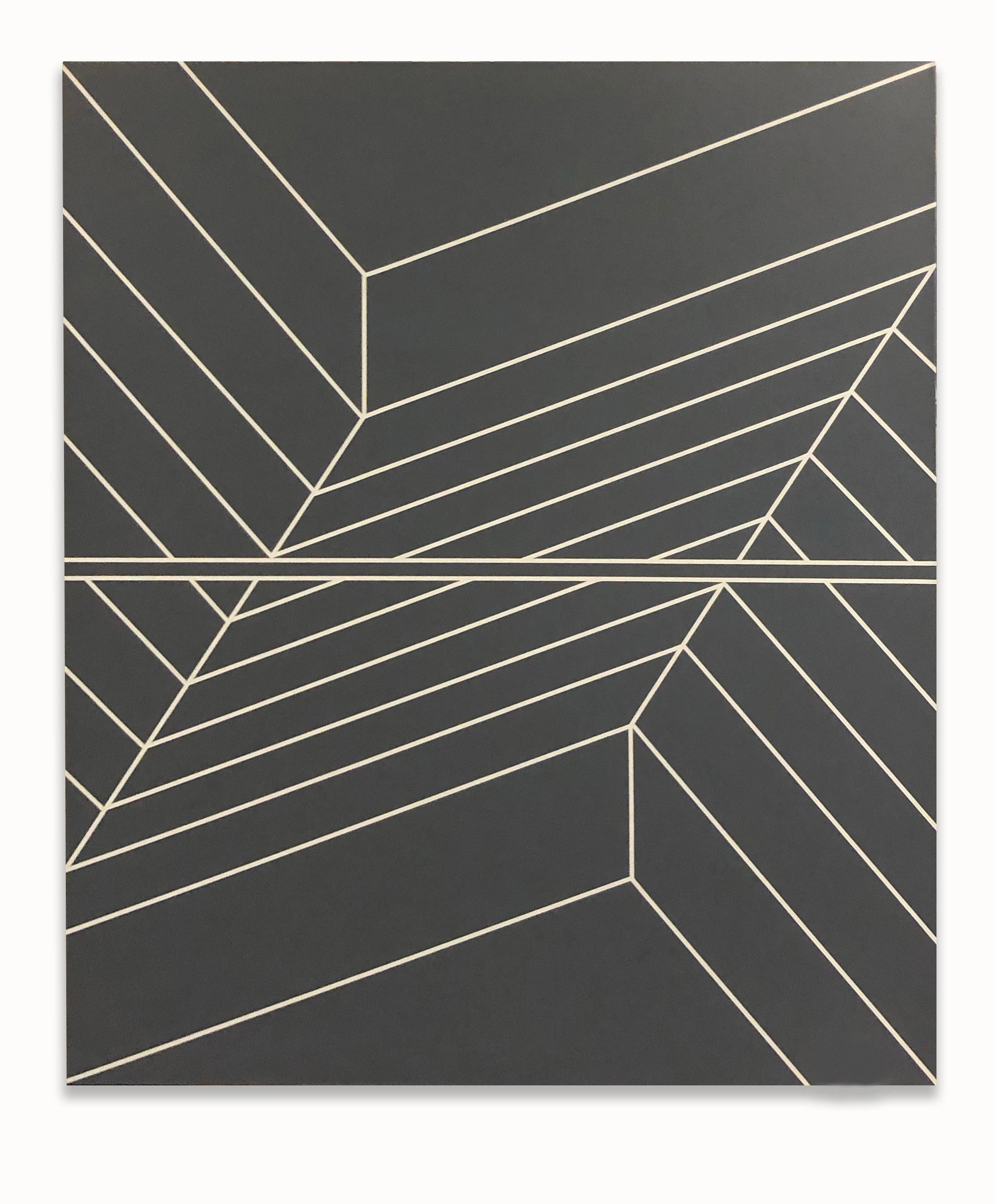 Duanye Hatchett Abstract Painting – Large Minimalist Mid Century Geometric Painting Abstract Hard Edge Black Grey 