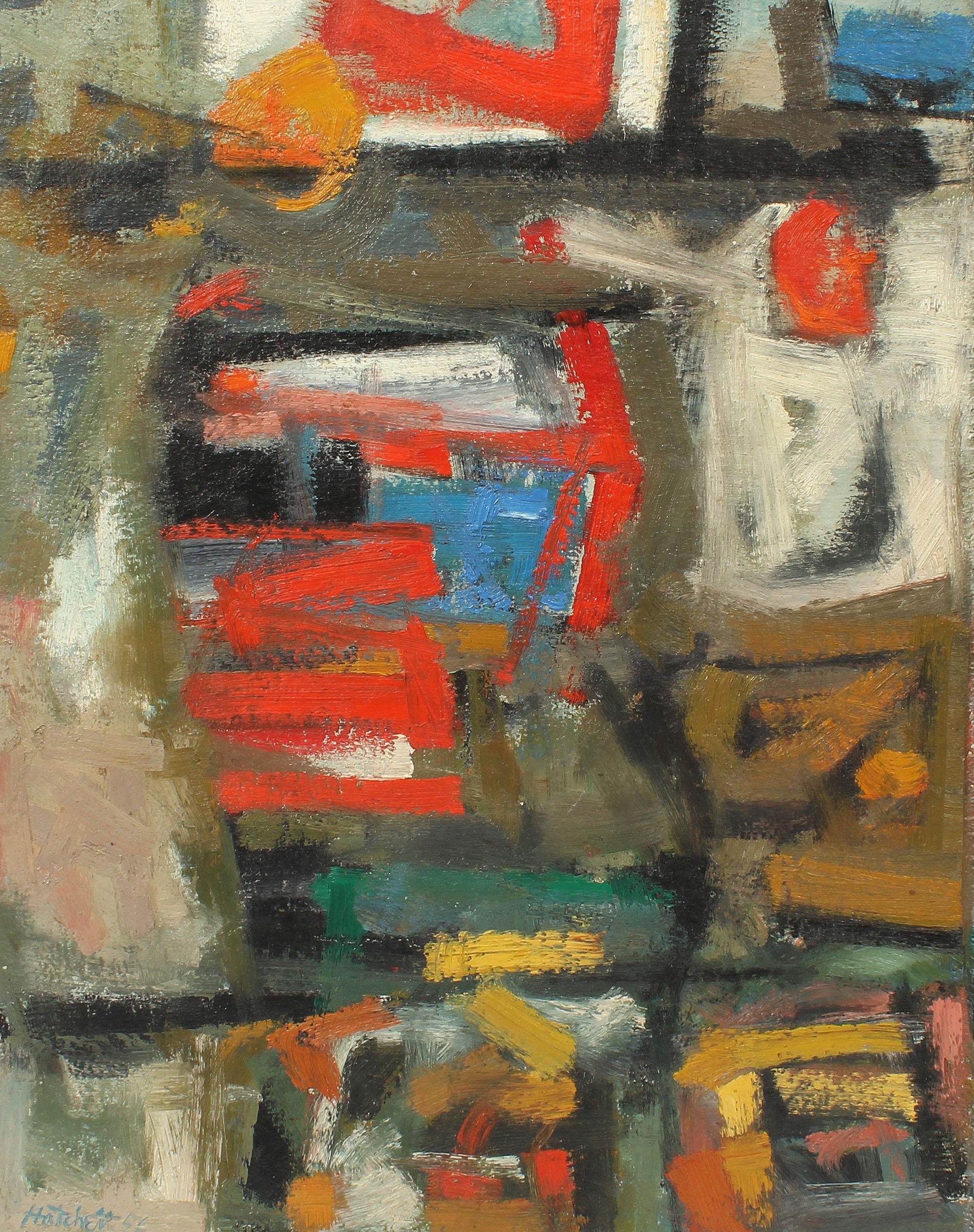 Antique American modernist abstract oil painting by Duayne Hatchett (1925 - 2015).  Oil on board, circa 1956. Signed.  Displayed in a period mdoern frame.  Image, 18