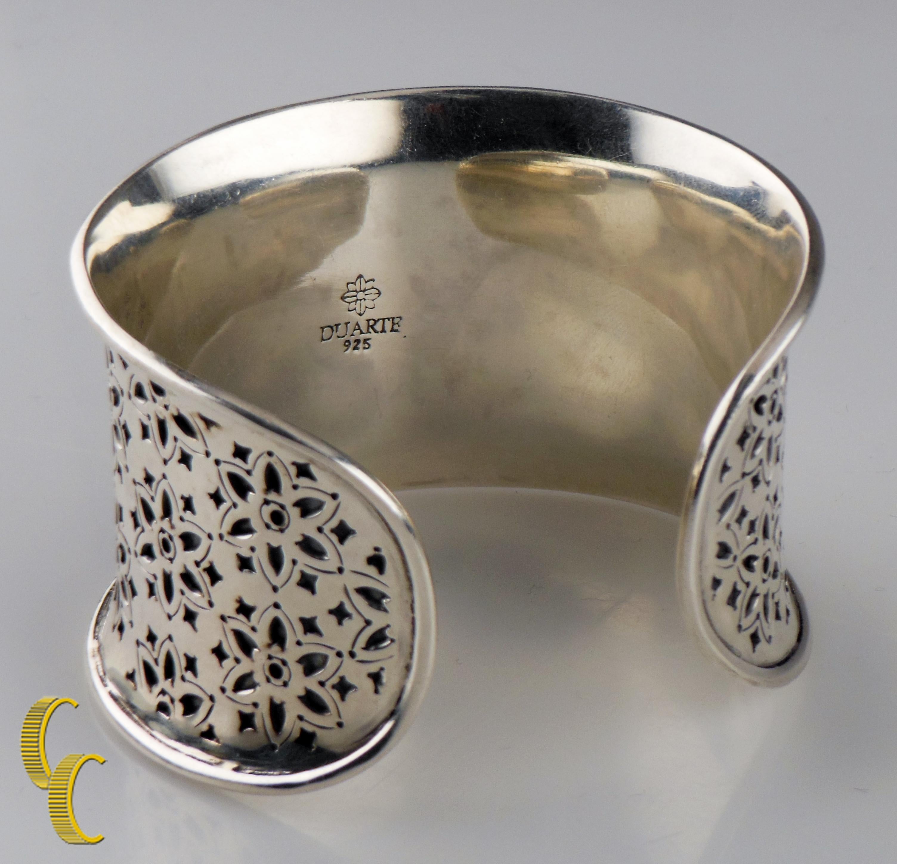 Women's or Men's Duarte Sterling Silver Cuff Bracelet with Floral Design, Size 6 For Sale