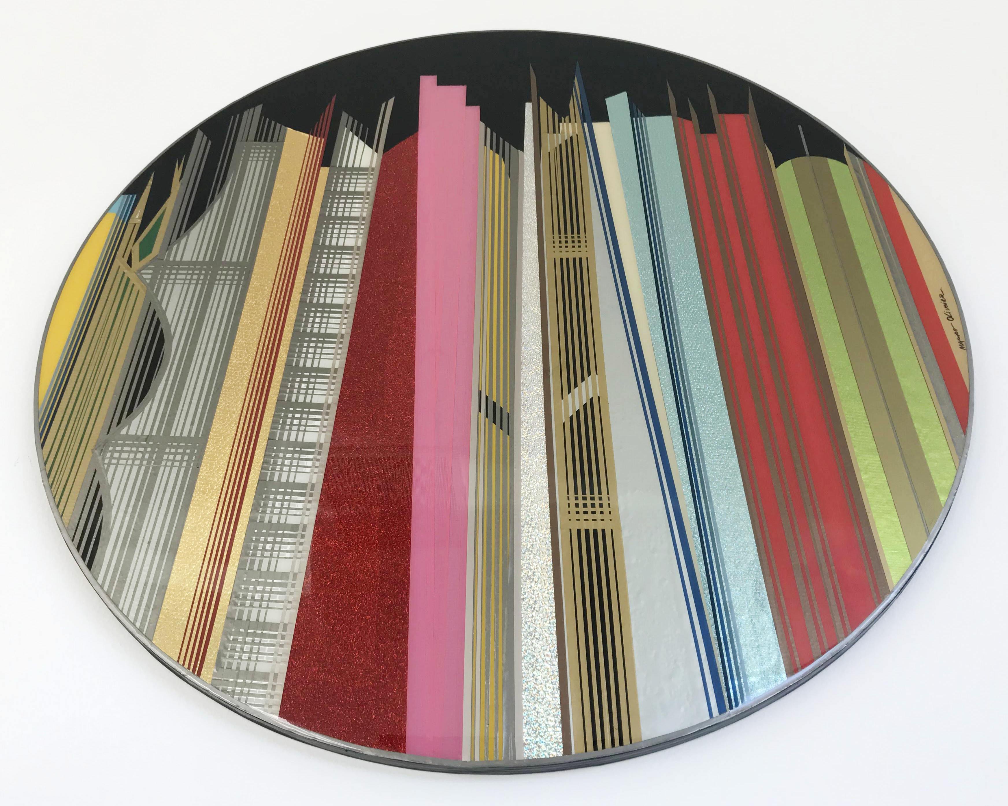 Dubai by Mauro Oliveira, signed. Vinyl tapes, acrylic paint covered with resin on wood frame. A “Certificate of Authenticity” issued by the artist is included. 
Diameter: 36 inches / Depth: 0.75 inch
1 in stock in Palm Springs currently ON 40% OFF