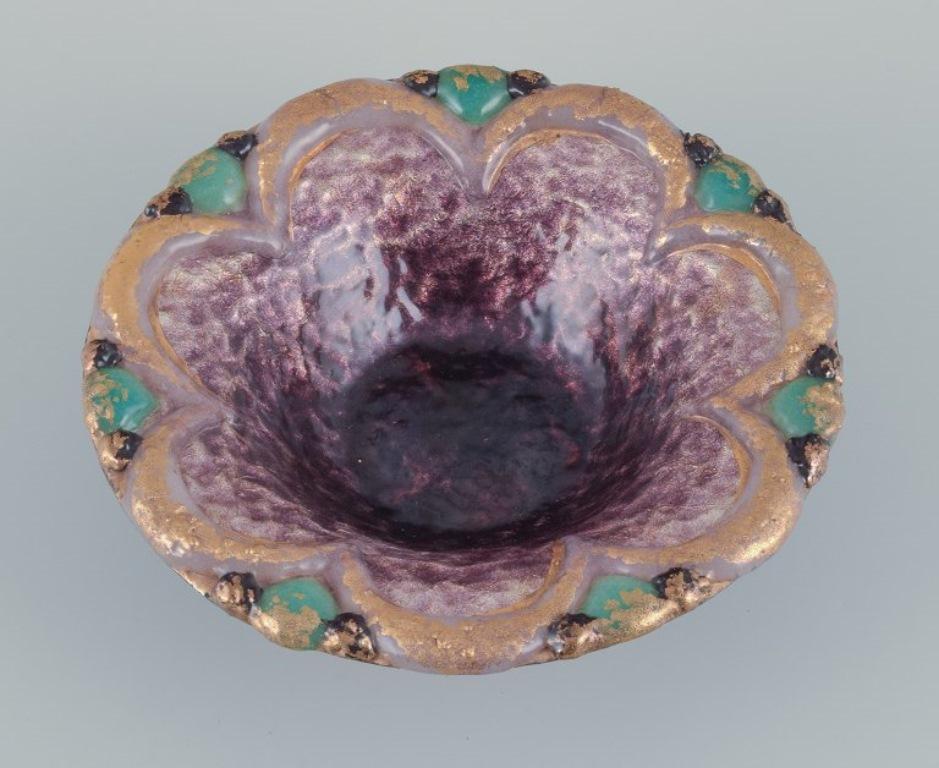 Enameled Duban-Christel for Limoges, France. Large enamel bowl with gold decoration.  For Sale