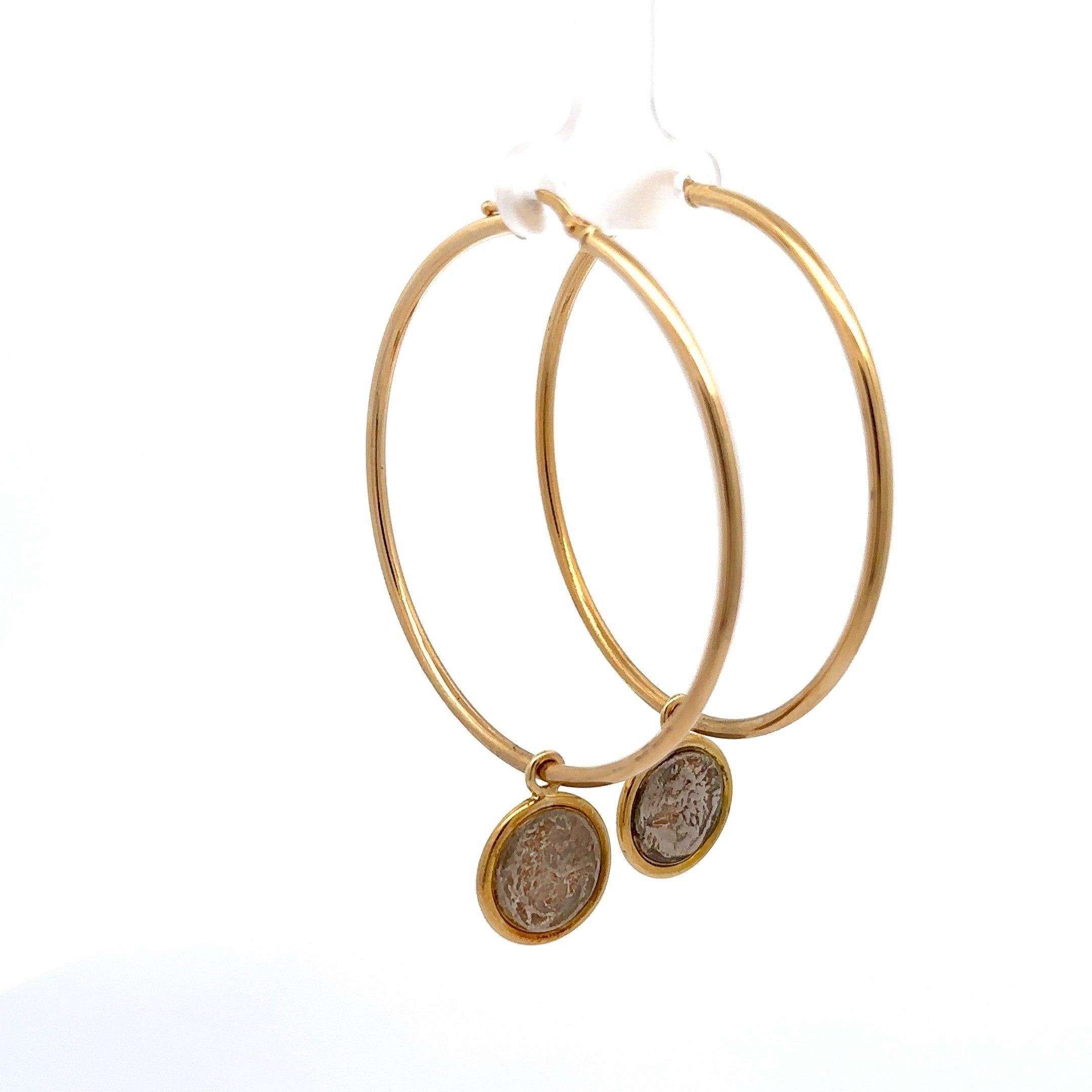 Dubini 18KT Yellow Gold Large Hoop Earrings with Silver Lion Coins 1