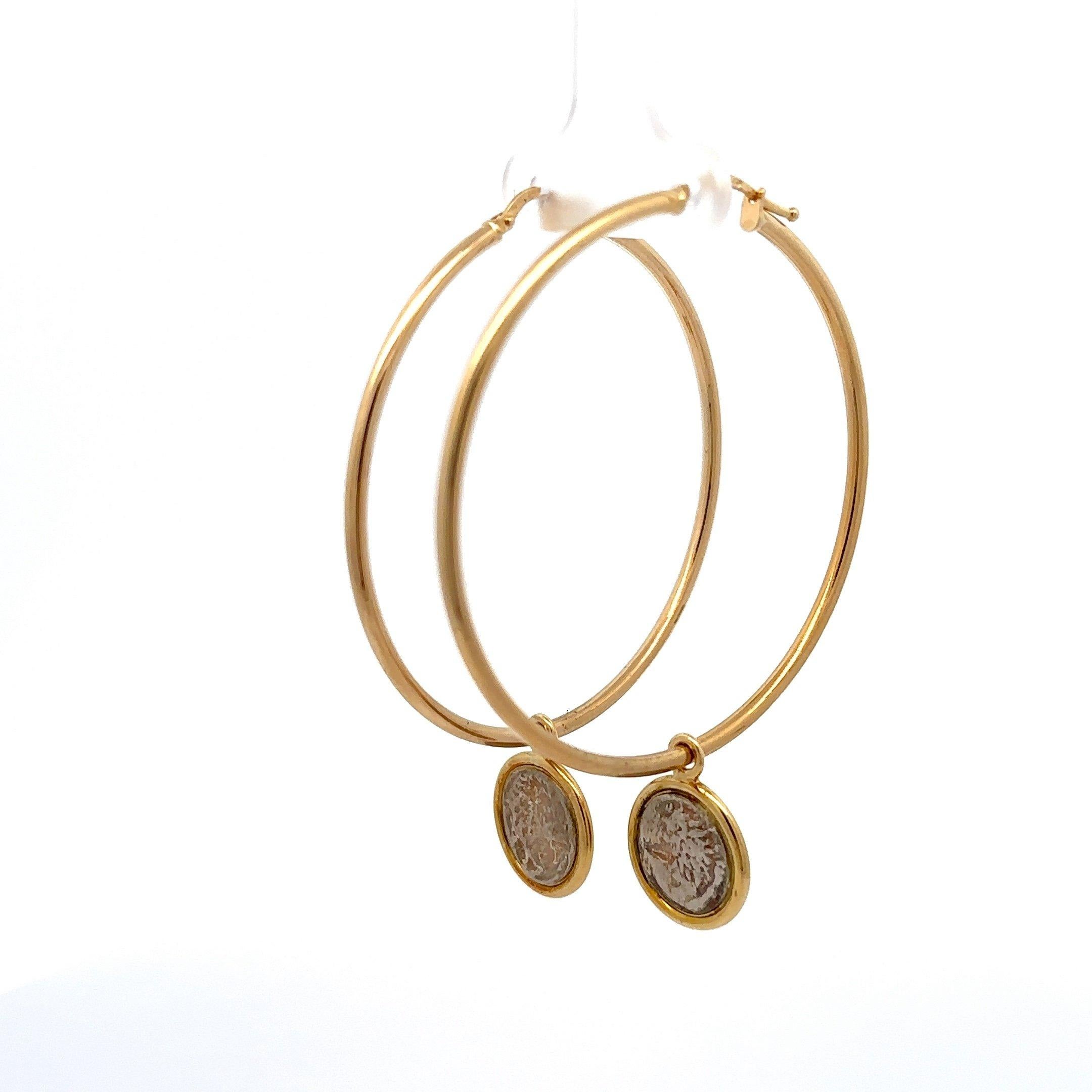 Dubini 18KT Yellow Gold Large Hoop Earrings with Silver Lion Coins 2