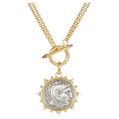 Dubini Alexander the Great Ancient Silver Coin Medallion Gold Toggle Necklace