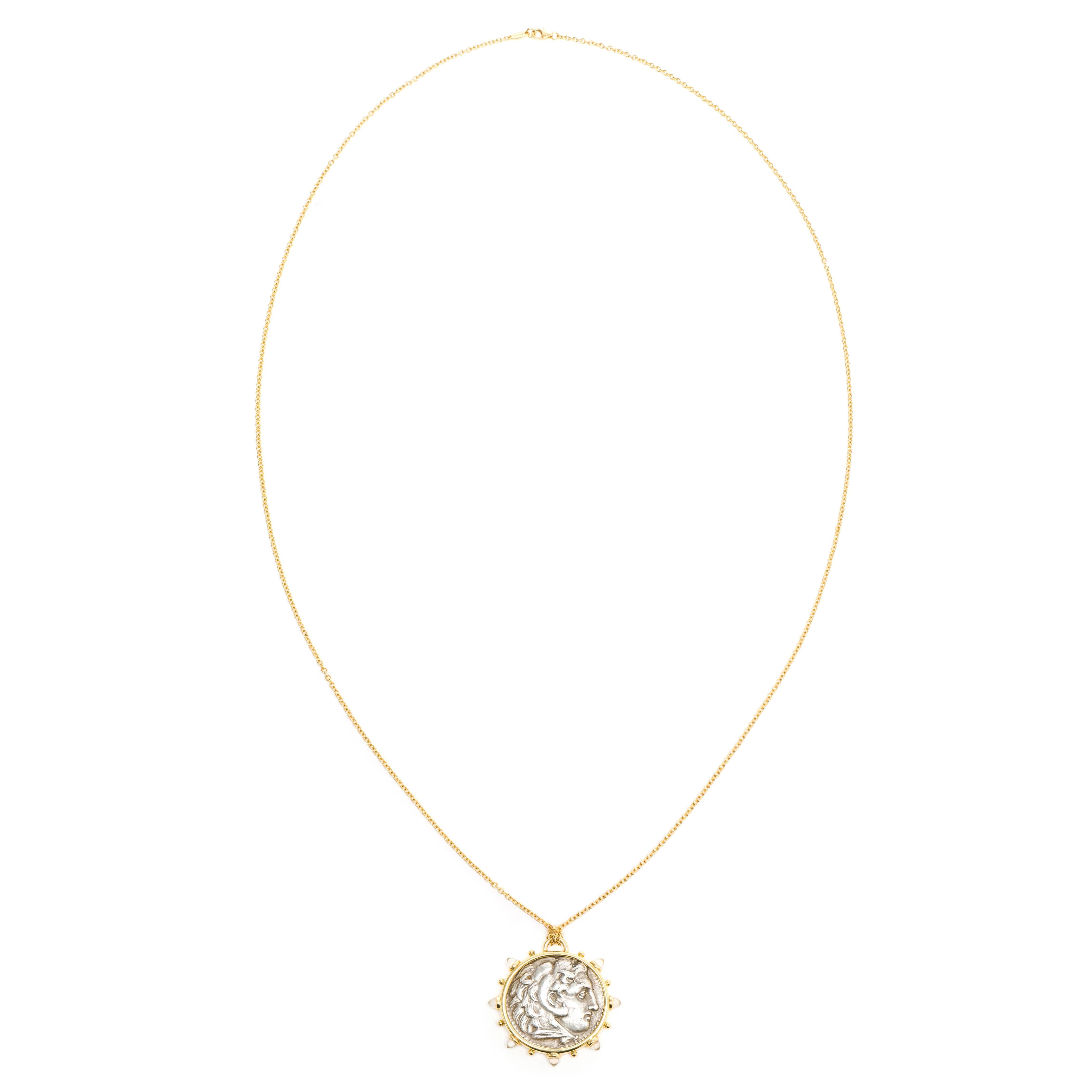 Dubini Alexander der Große antike Silbermünze Medaillon Mondstein Gold Halskette (Klassisch-griechisch) im Angebot
