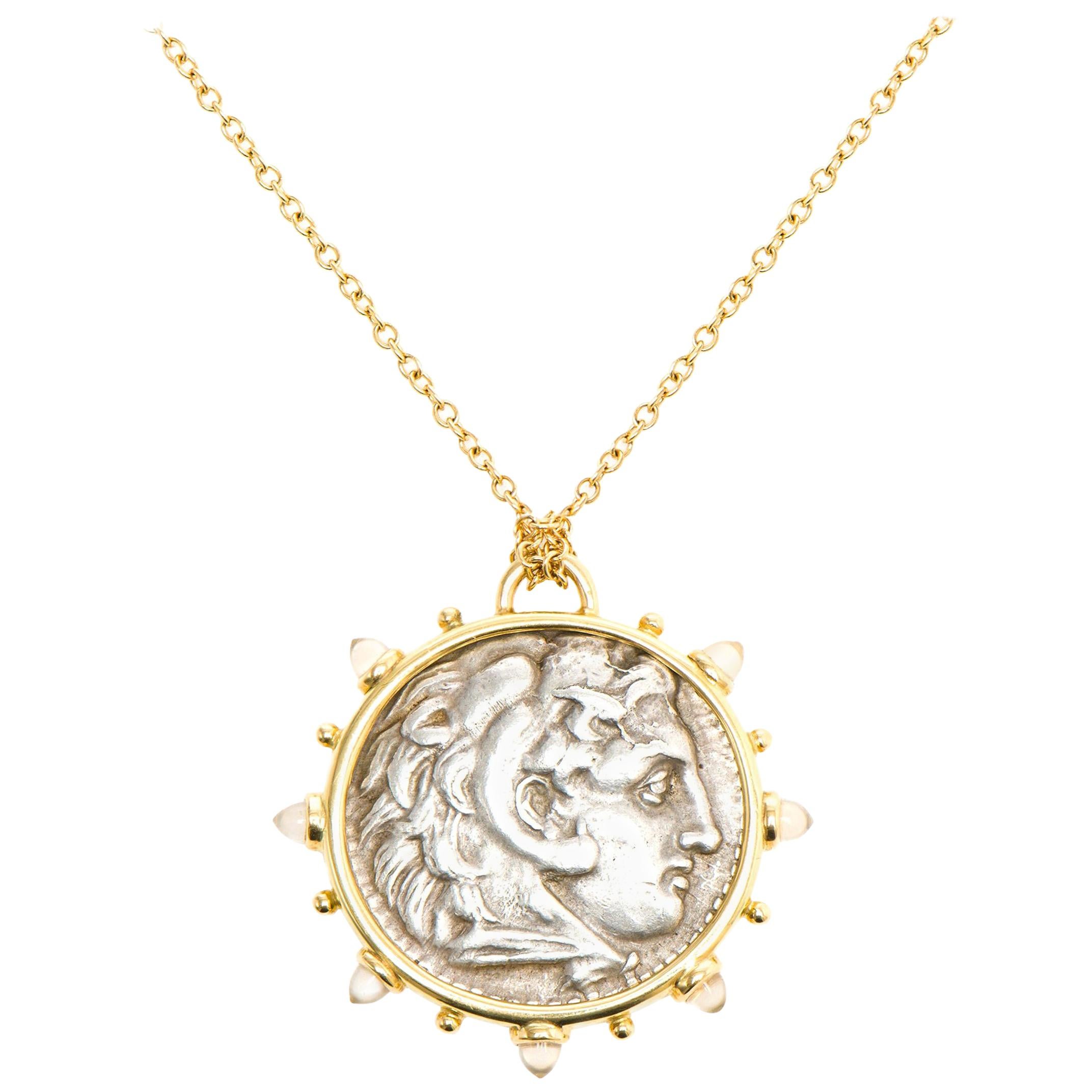 Dubini Alexander der Große antike Silbermünze Medaillon Mondstein Gold Halskette im Angebot