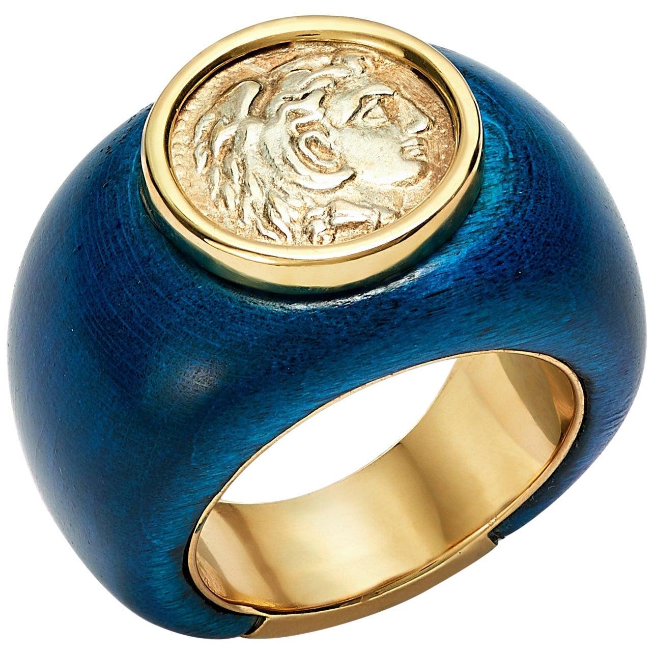 Dubini Alexander the Great Silver Coin 18 Karat Yellow Gold Signet Ring