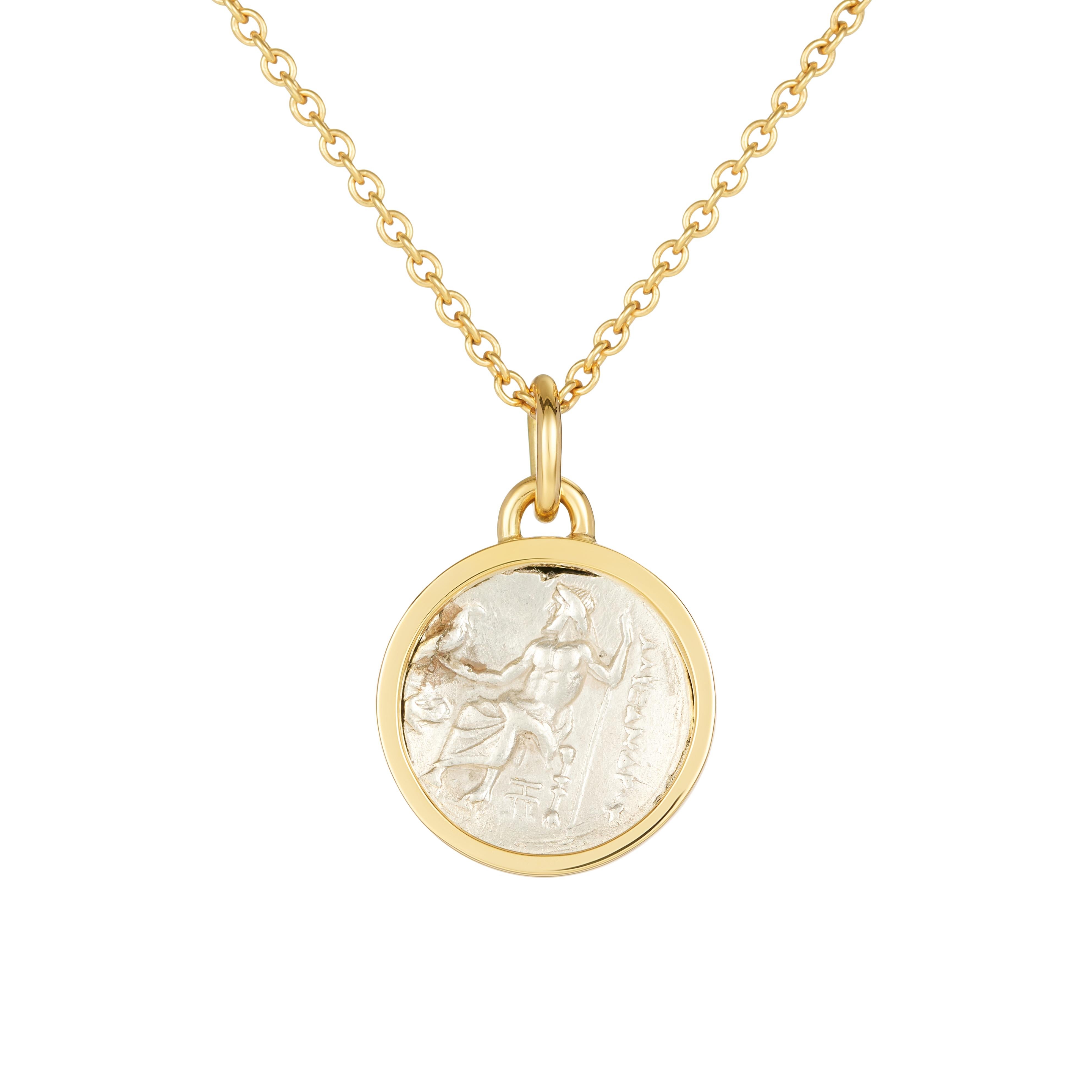 Dubini Alexander der Große Silbermünze-Anhänger 18K Gold Halskette (Klassisch-griechisch) im Angebot