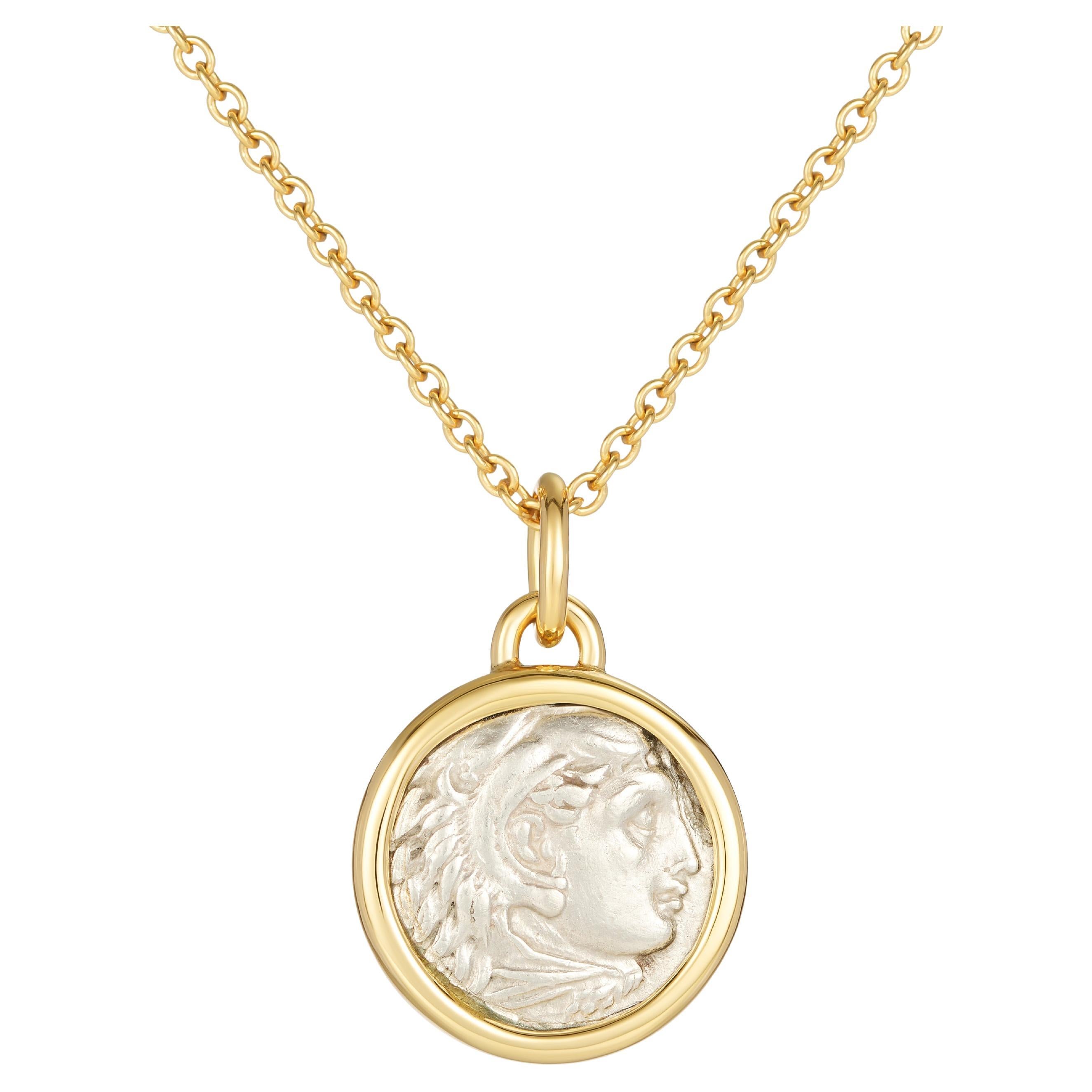 Dubini Alexander the Great Silver Coin Pendant 18K Gold Necklace For Sale