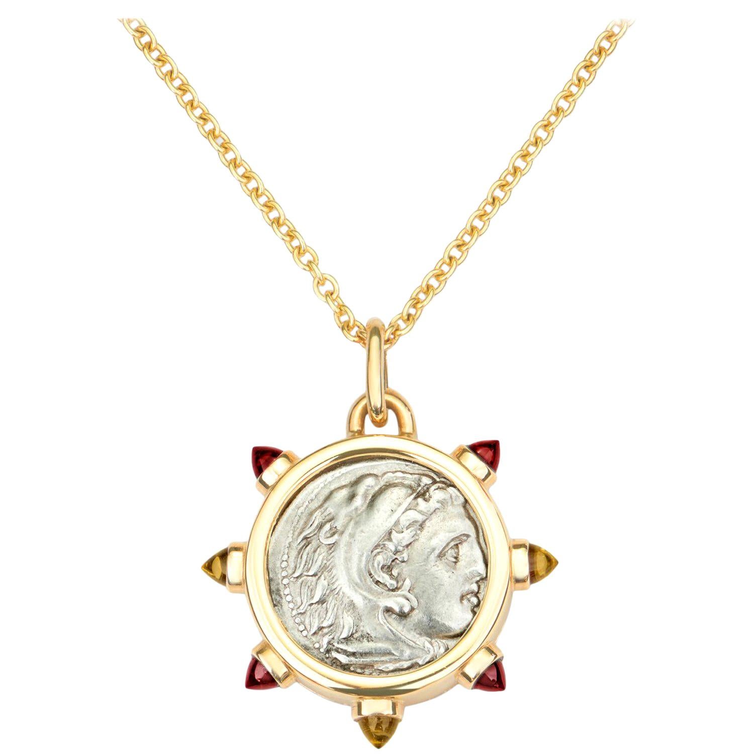 Dubini Alexander the Great Silver Coin Pendant Garnet Citrine 18K Gold Necklace For Sale