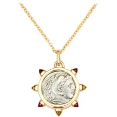 Dubini Alexander the Great Silver Coin Pendant Garnet Citrine 18K Gold Necklace
