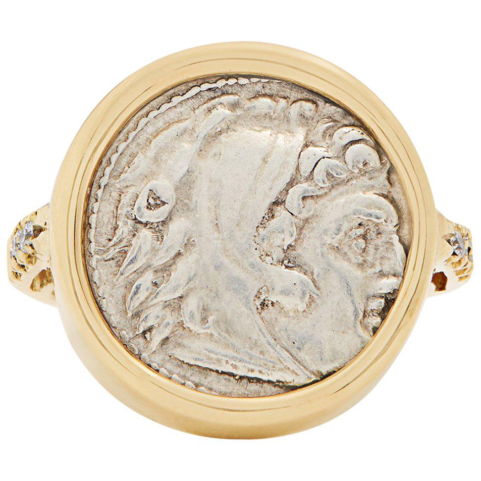 Dubini Ancient Alexander the Great Silver Coin Diamond Signet Yellow Gold Ring For Sale