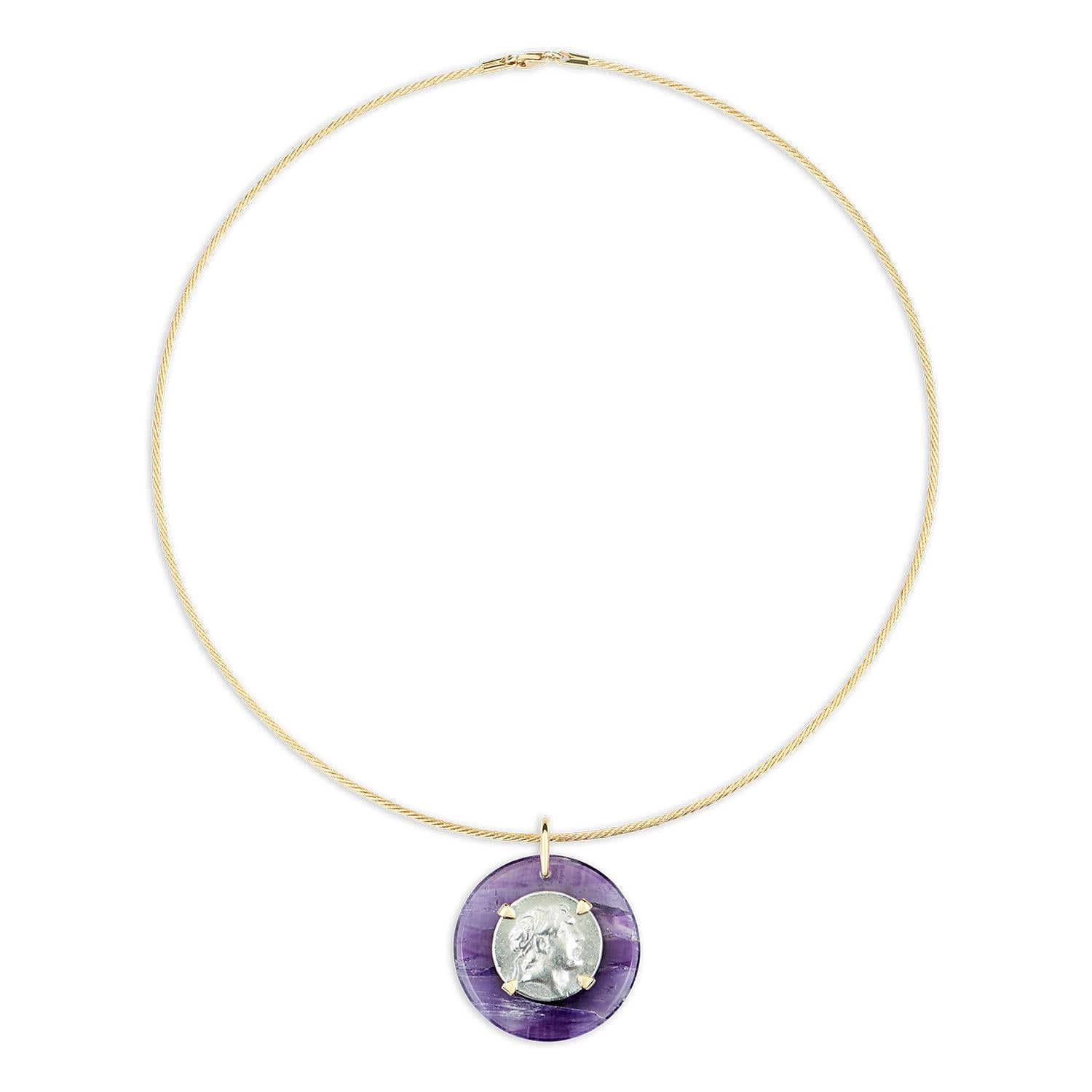 Tumbled Dubini Ancient Ariarthes IX Coin Amethyst Medallion 18K Gold Necklace For Sale