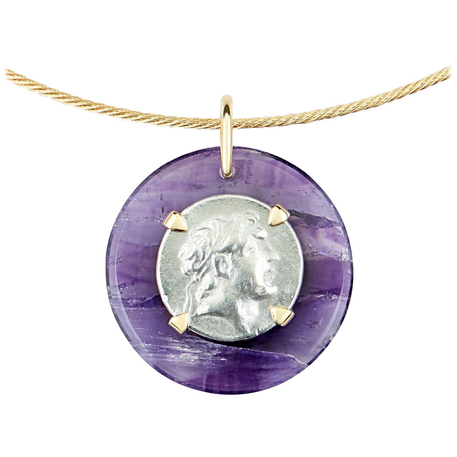 Dubini Ancient Ariarthes IX Coin Amethyst Medallion 18K Gold Necklace For Sale