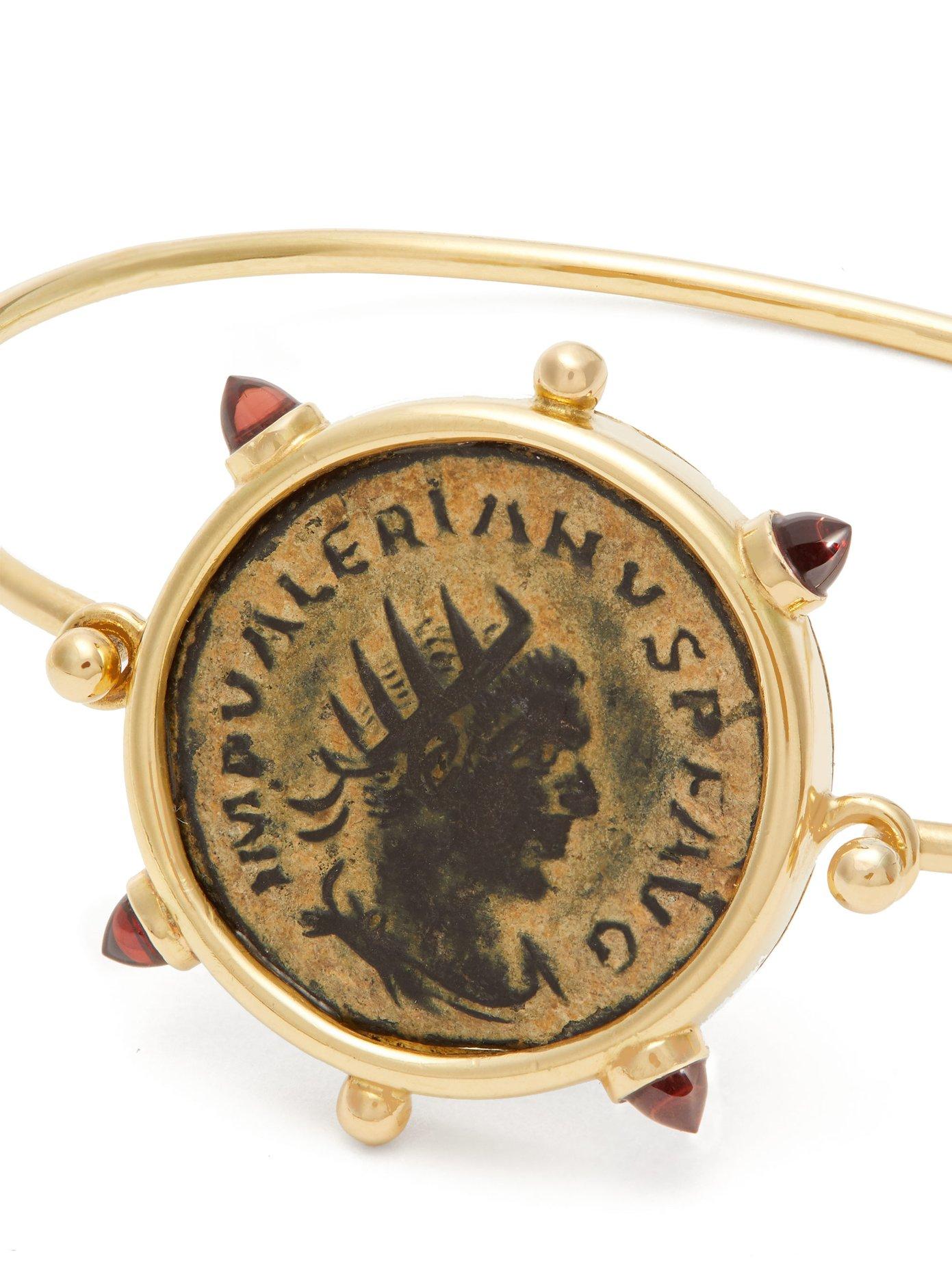 Classical Roman Dubini Ancient Bronze Roman Coin Garnet 18 Karat Yellow Gold Bracelet For Sale
