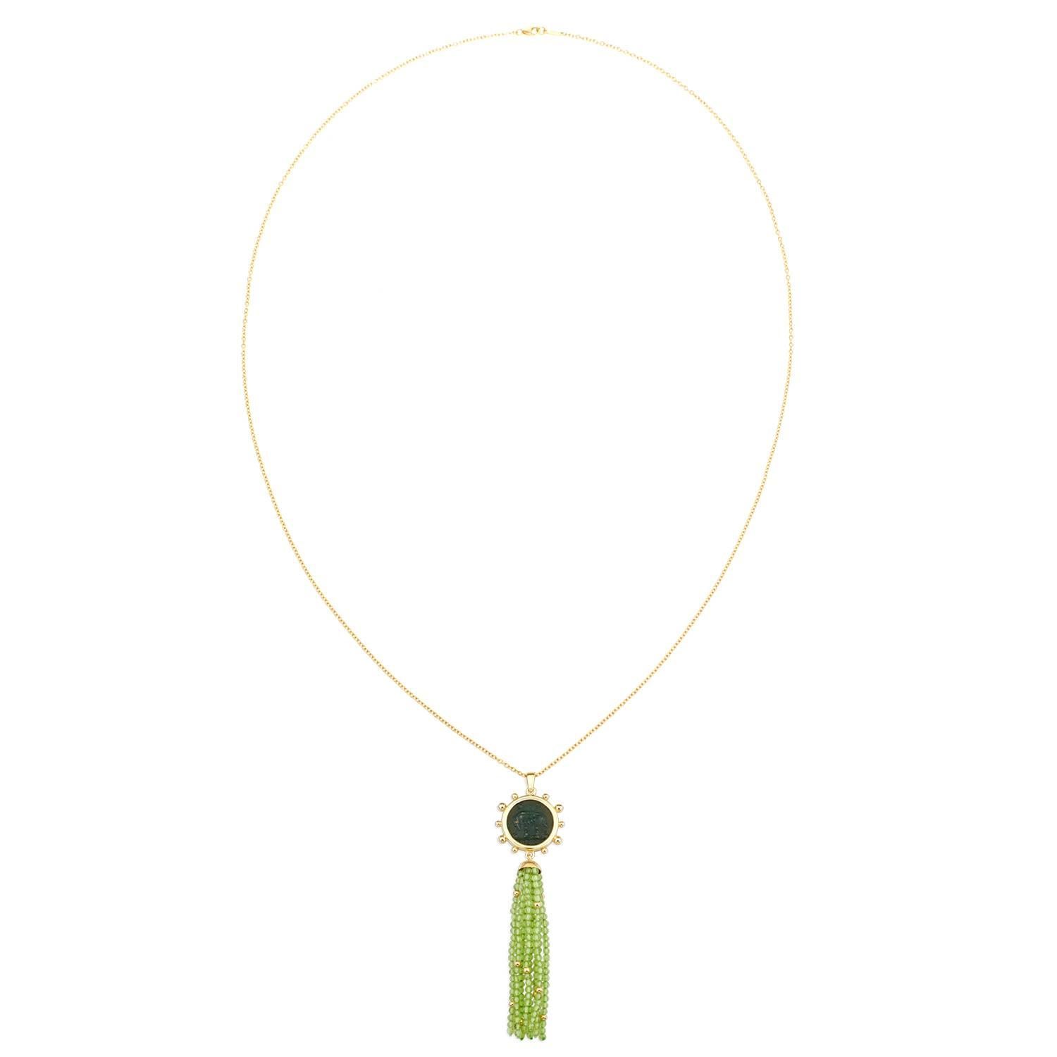 Classical Roman Dubini Ancient Capitoline-Wolf Bronze Coin Green Agate Tassel 18K Gold Necklace For Sale