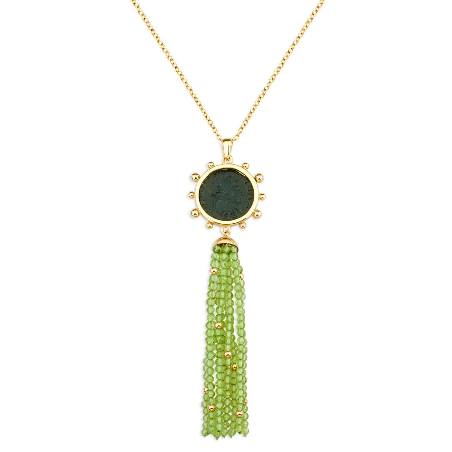 This DUBINI coin necklace from the 'Empires' collection features an authentic Roman Imperial coin minted circa 330-337 A.D. set in 18K yellow gold with green agate and gold beaded tassel..

Depicted on the coin: She-wolf suckling Romulus and Remus